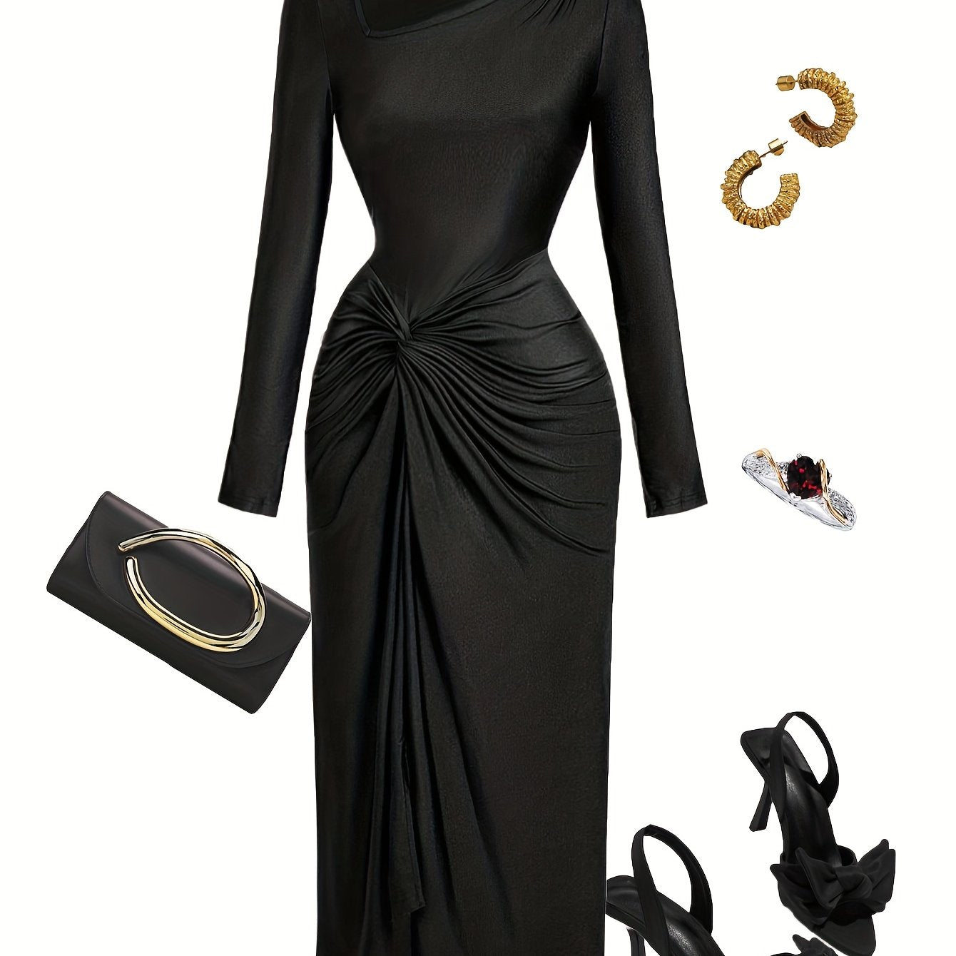 Robe Femme Élégante à Col Irrégulier — Manches Longues, Couleur Unie, Parfaite pour Soirées, Sorties et Rendez-vous