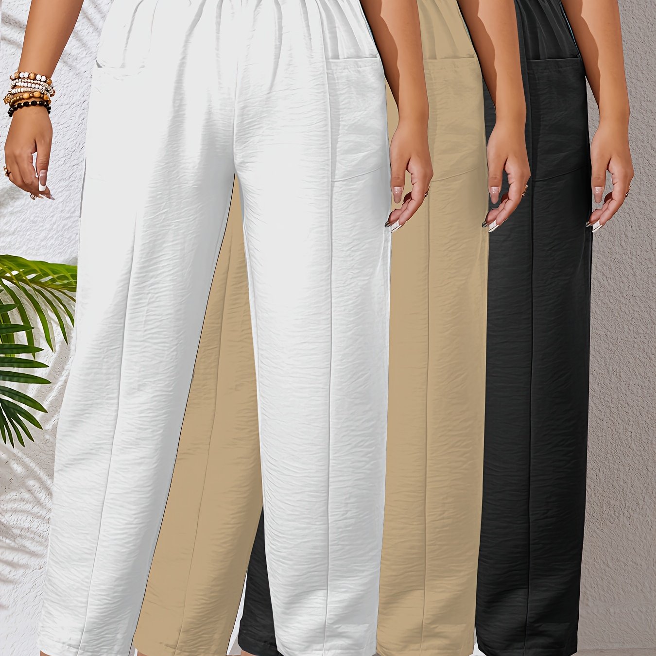 Lot de 3 Pantalons Femme Grande Taille – Taille Haute, Droits, Élastiques avec Poches, Couleur Unie, Tous Saisons