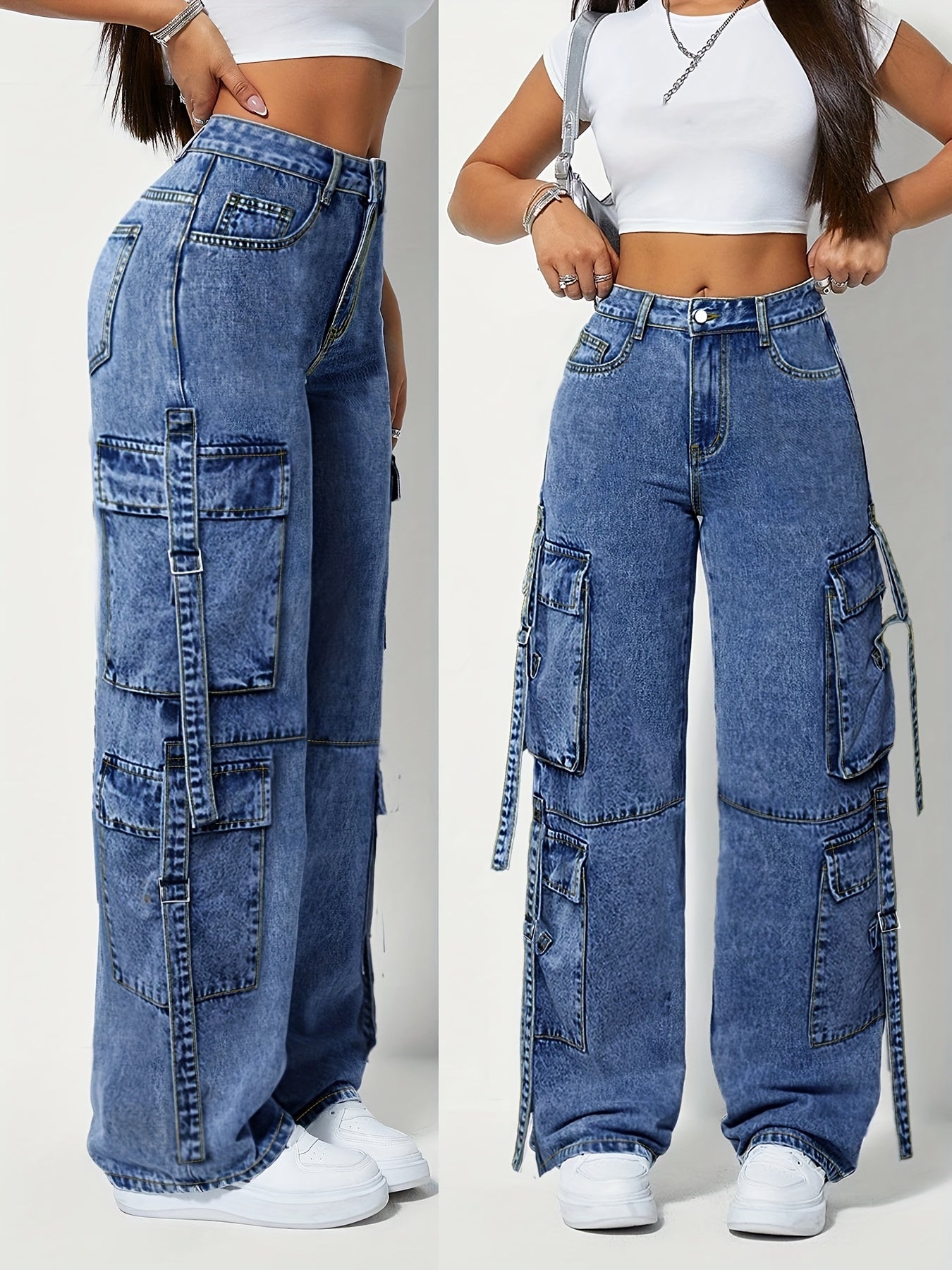 Jeans de travail extensibles taille haute pour femme grande taille – Pantalon cargo large, passants pour ceinture, poches multiples, fermeture à boutons, bleu résistant