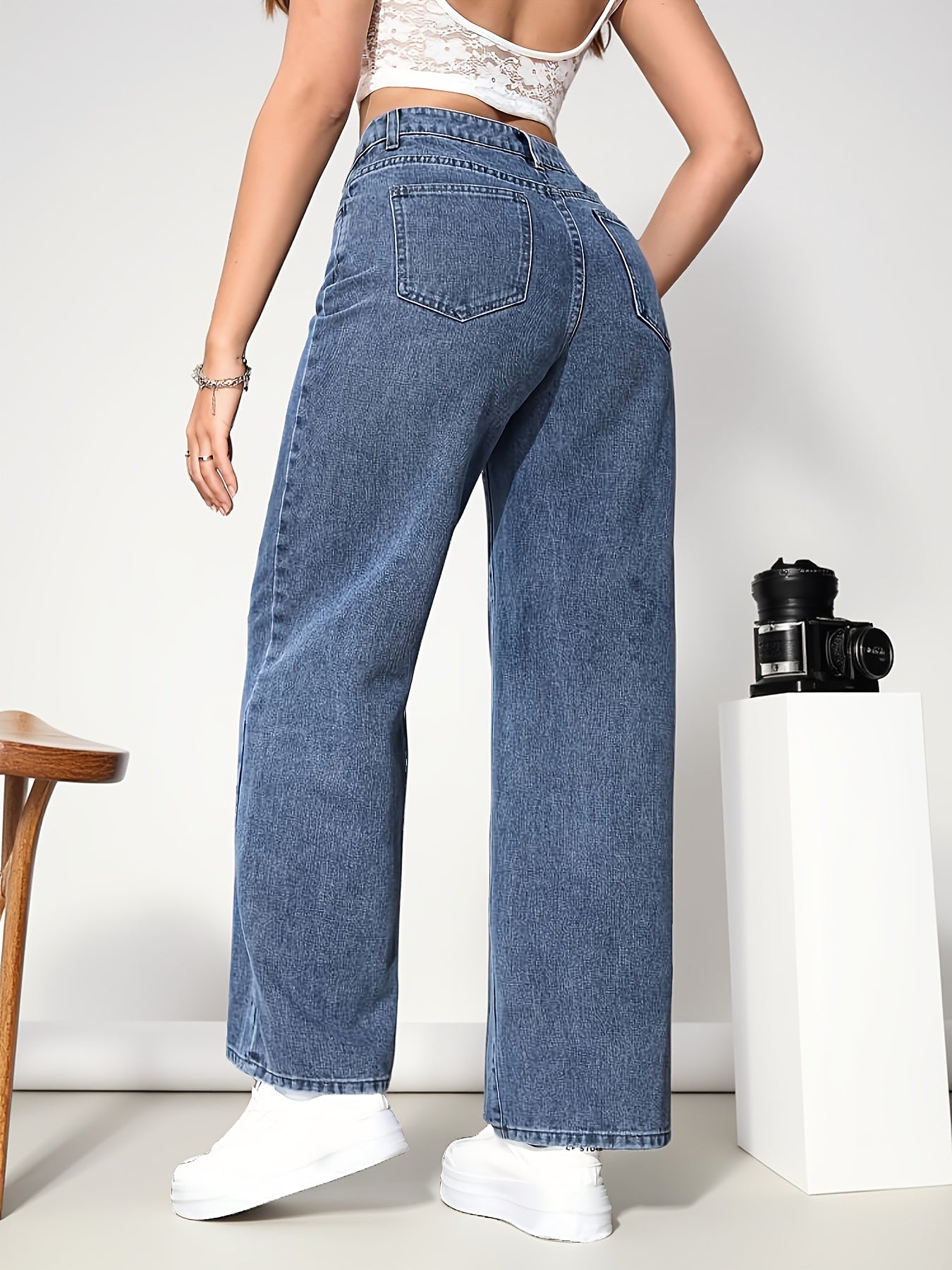 Jeans Femme Bleu Foncé Effet Snowflake Jambe Droite Large Non Extensible Zippé Toute Saison Décontracté et Formel