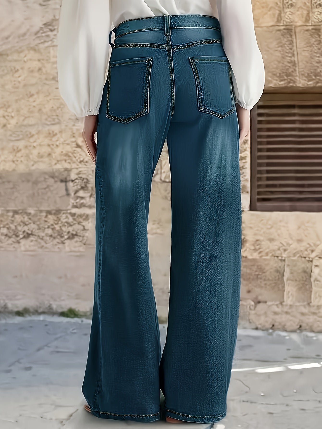 Jeans Femme Élégant Jambe Large Taille Mi-Haute Sans Ceinture Boutons Poches Durables Extensible Toute Saison Décontracté et Professionnel Bleu Lavable