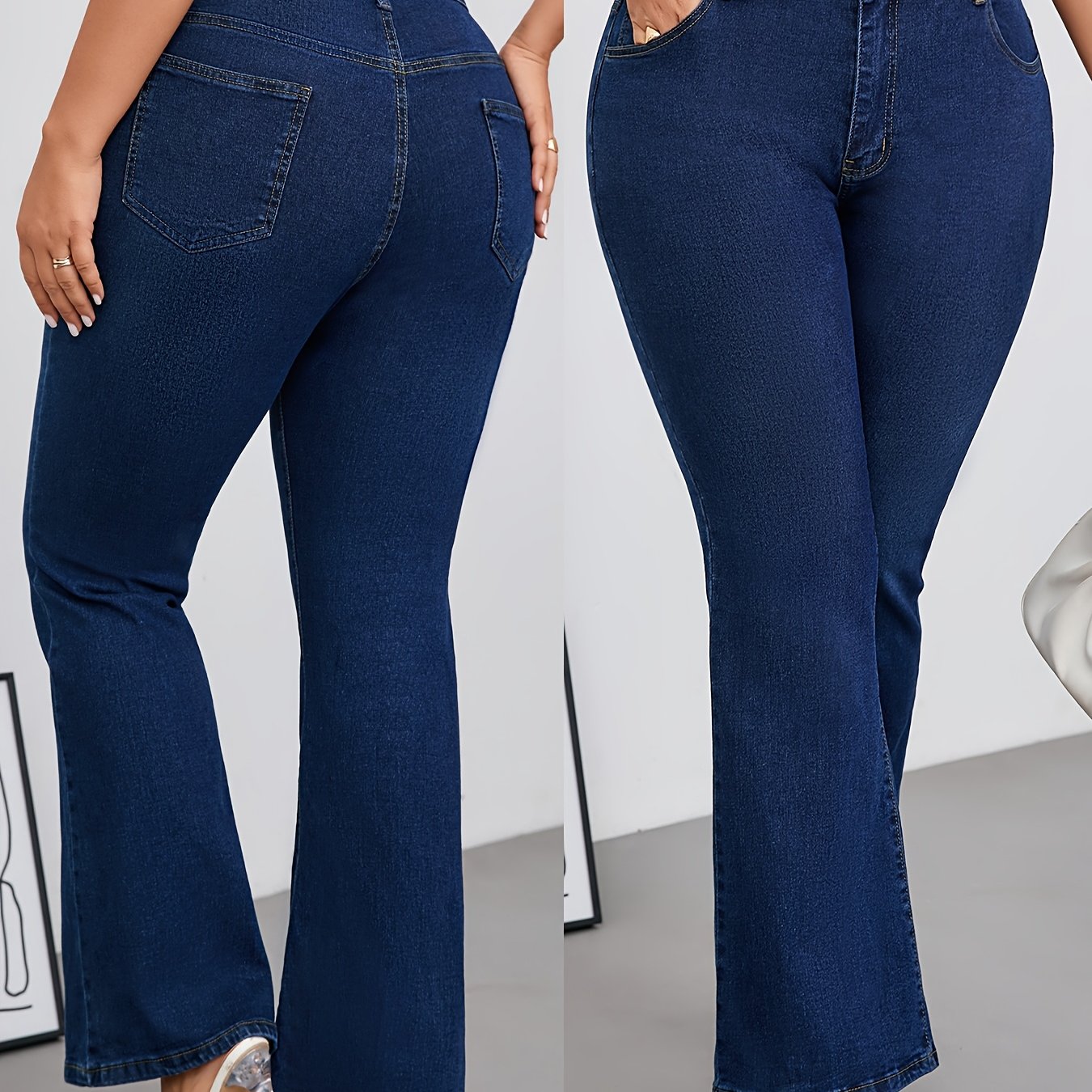 Jeans Femme Grande Taille Taille Haute Évasé Extensible Bleu Poches Obliques Boutons Toute Saison Élégant Décontracté et Formel