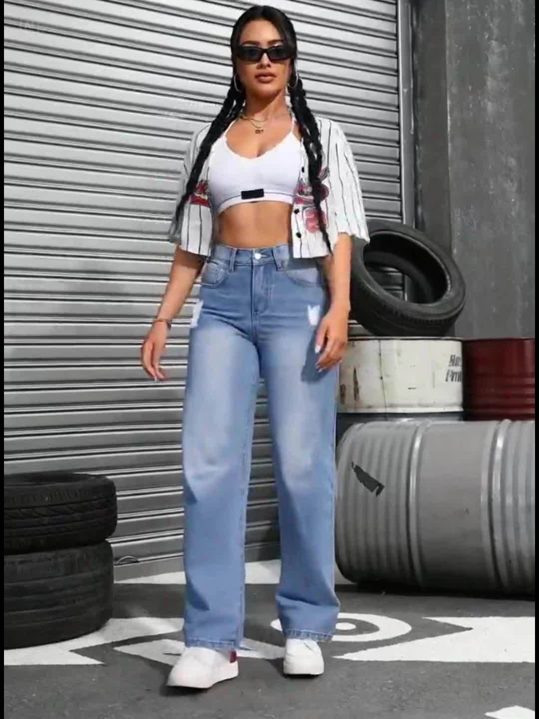 Jeans Femme Taille Haute Denim Extensible Zippé Coupe Ample Bleu Effet Déchiré Jambe Droite Large Décontracté Toute Saison