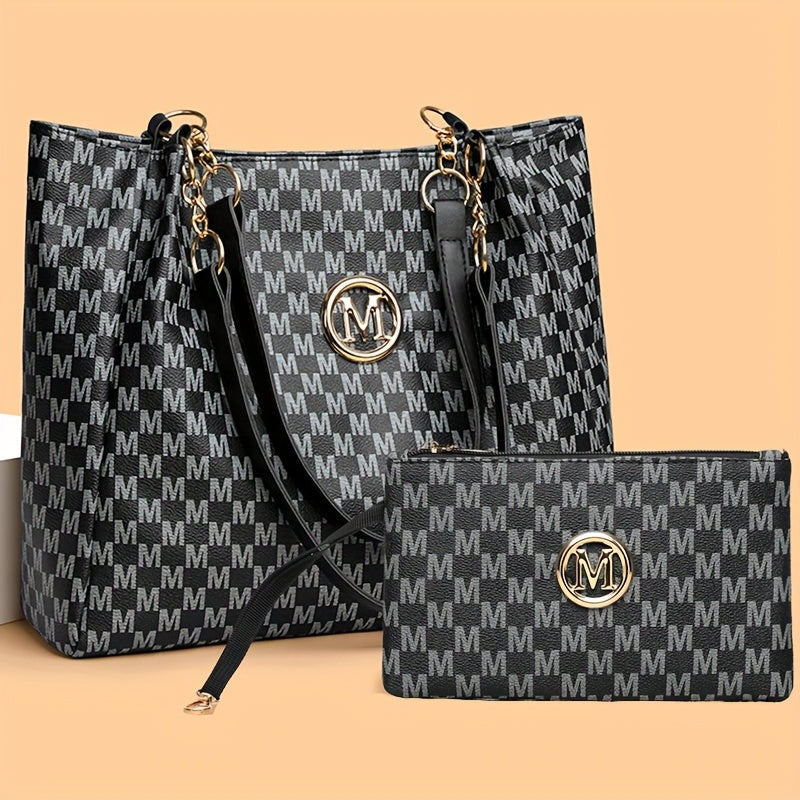 Set Sac Cabas et Portefeuille Femme– Sac à Main à Motif Lettre avec Logo Doré « M », Bandoulière Fixe, Idéal pour Déplacements Quotidiens, Travail, Rangement, Pochette à Rouge à Lèvres, Portefeuille, Sac de Shopping, Grande Capacité, Sac de Voyage