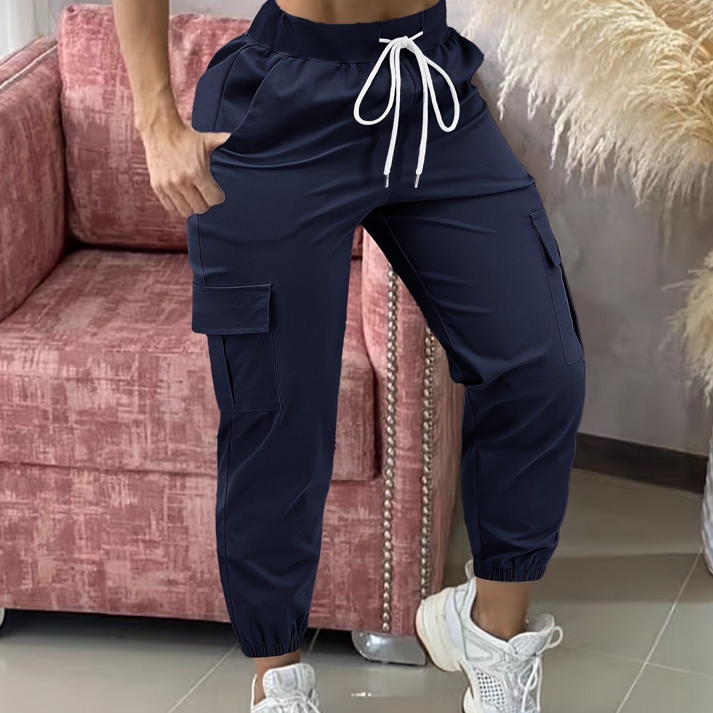 Pantalon Cargo Femme Décontracté – Beige, Taille à Cordon, Multiples Poches, Ourlet Effiloché, Tous Saisons