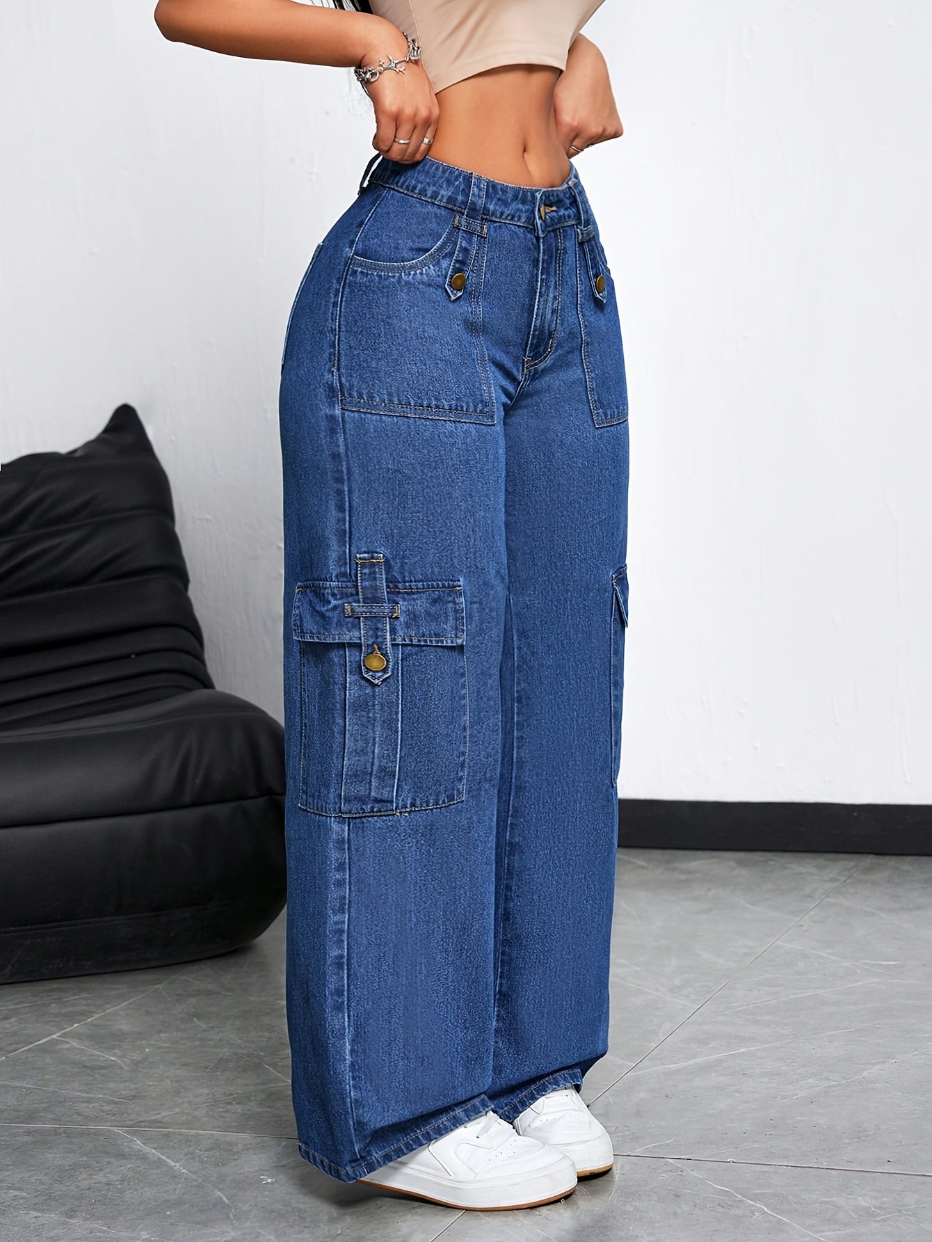 Jeans Femme Jambe Large Extensible Poches Multiples Non Transparent Toute Saison Confort Denim de Qualité