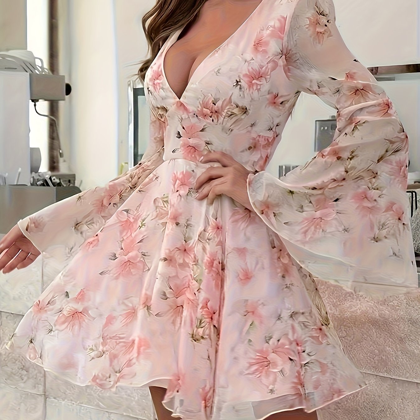 Robe d’été en chiffon à imprimé – Taille cintrée, manches évasées, style sexy et tendance