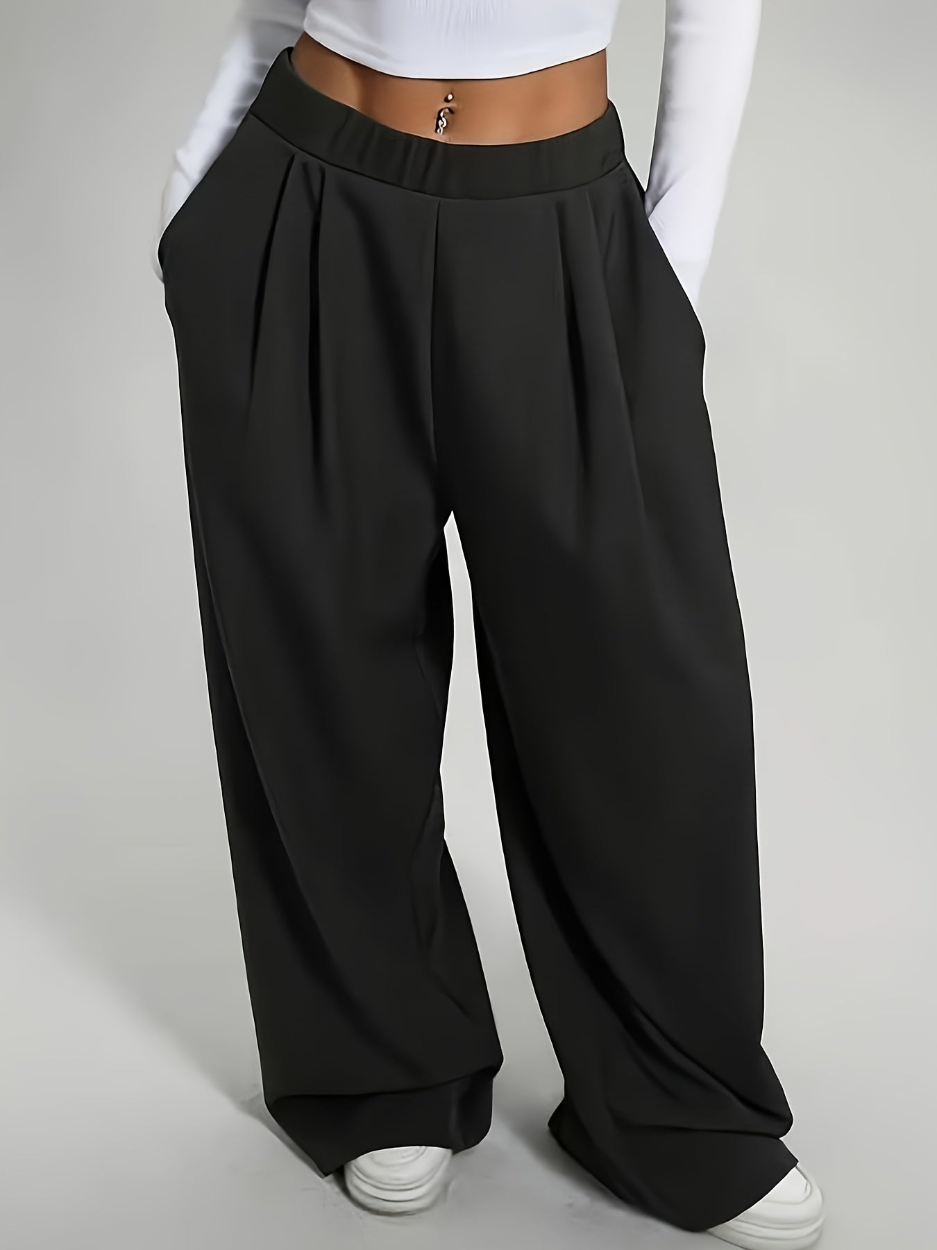 Lot de 2 Pantalons Femme Décontractés – Taille Haute, Ceinture Élastique, Coupe Large, Couleur Unie, Printemps/Été/Automne