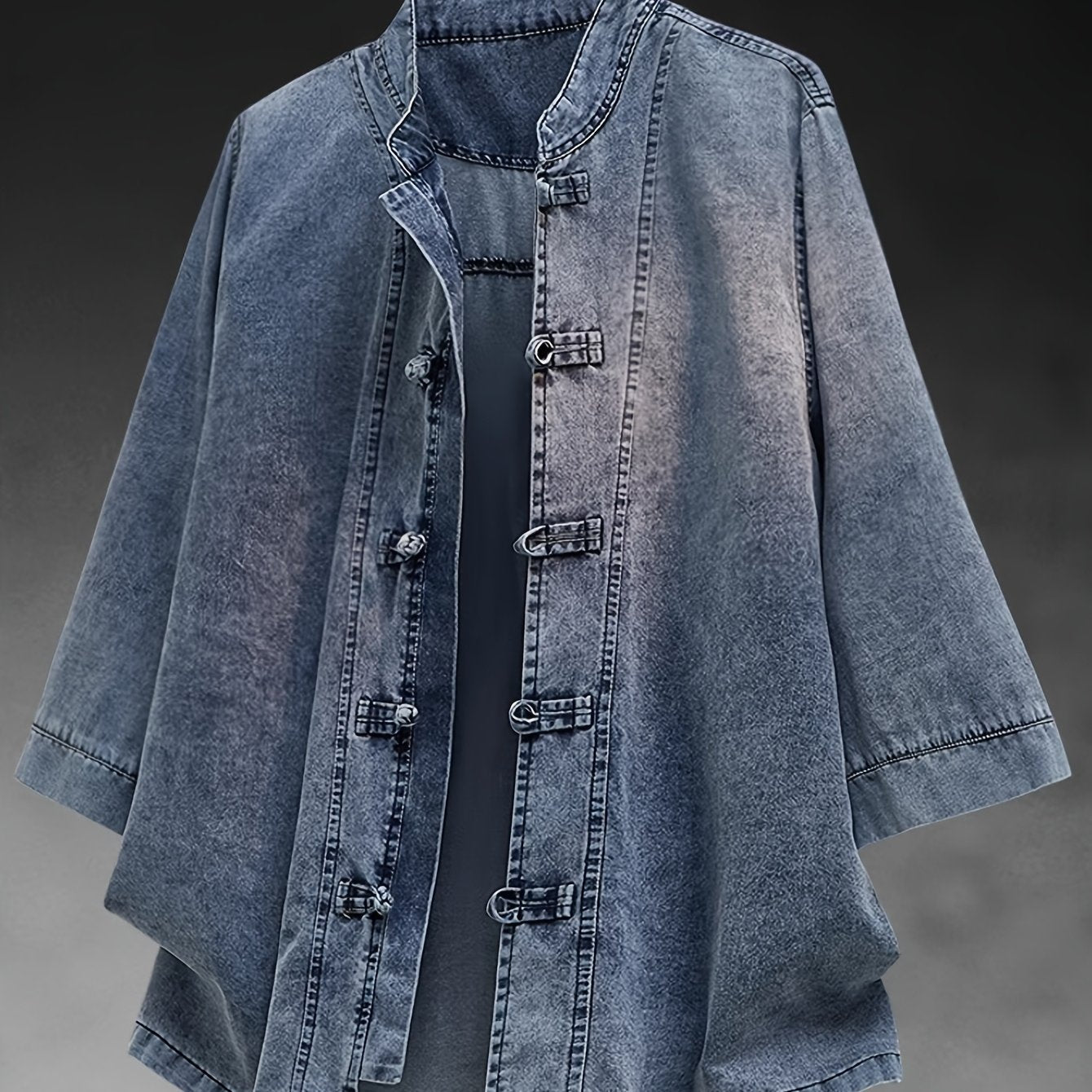 Xingmengzhi OBM Men's Denim Shirt, Loose-Fit Seven-Quarter Sleeve New Chinese Style Button-Up Top, Slim Stand Collar Denim Cardigan Lightweight Jacket