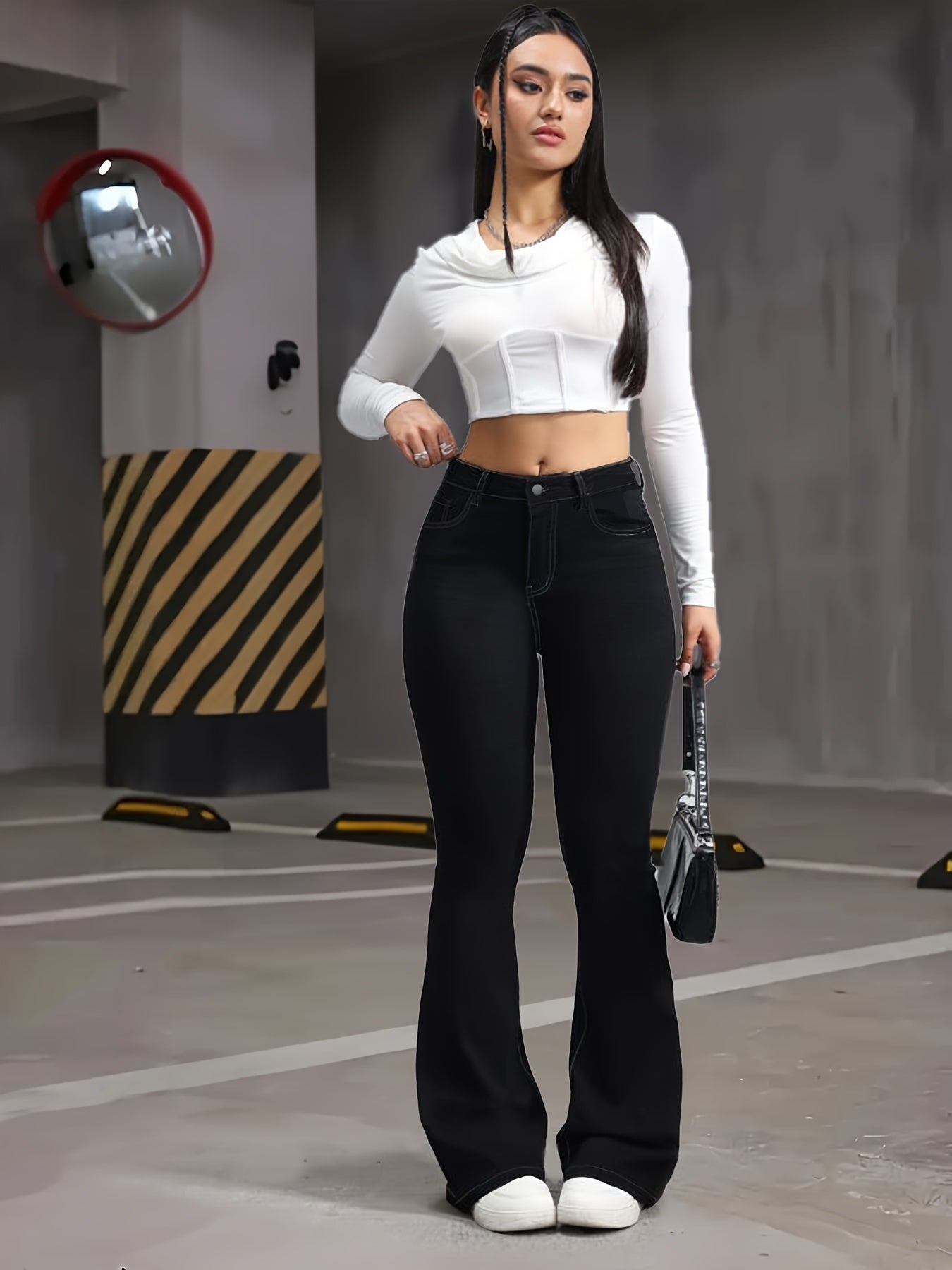 Jeans Femme Taille Haute Évasé Extensible Slim-Fit Grande Taille Détail Ourlet Brut Confortable Stylé Toute Saison Décontracté