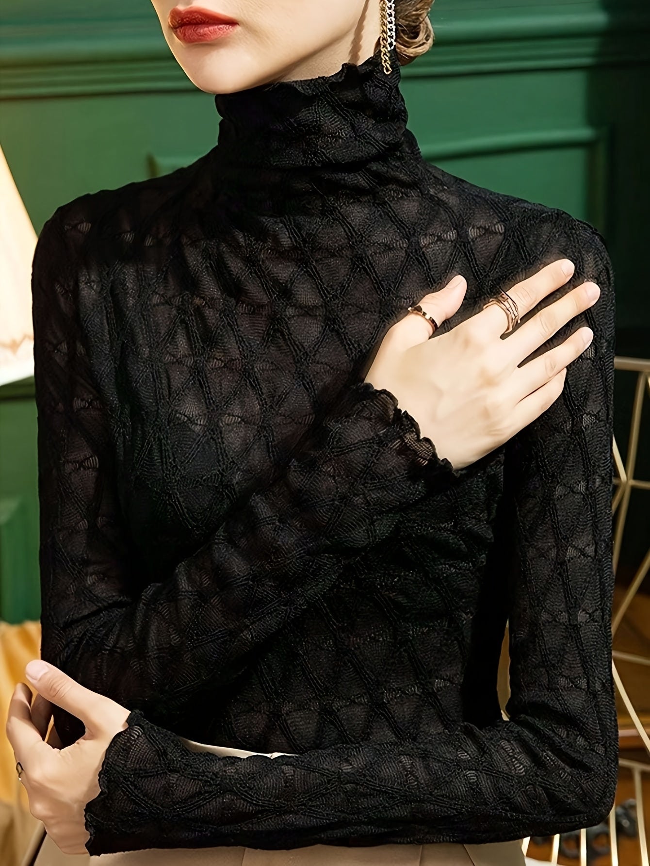 Haut col montant manches longues pour femme, noir semi-transparent, slim, élégant, manches longues, lavable en machine