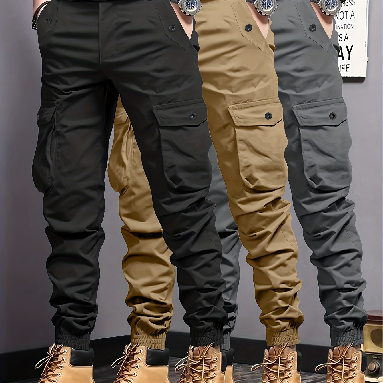 3pcs Pantalons Cargo Homme – Multipoches, Cordon Élastique, Tissu Résistant, Outdoor & Casual