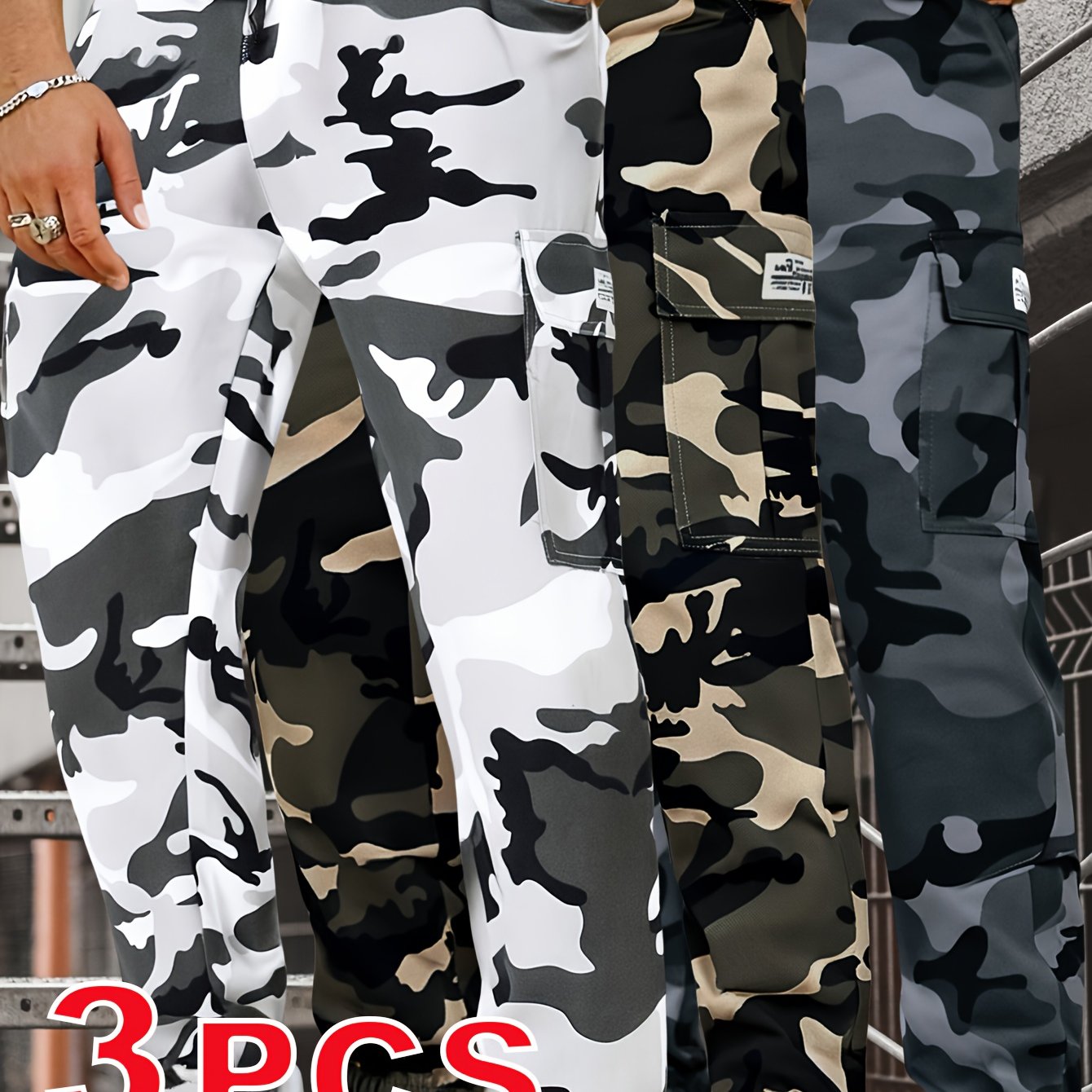 Lot de 3 pantalons de travail homme camouflage – Pantalons cargo tactiques toutes saisons avec poches utilitaires, taille à cordon, tissu non extensible – Idéal extérieur, construction, randonnée, camping – Lavable en machine
