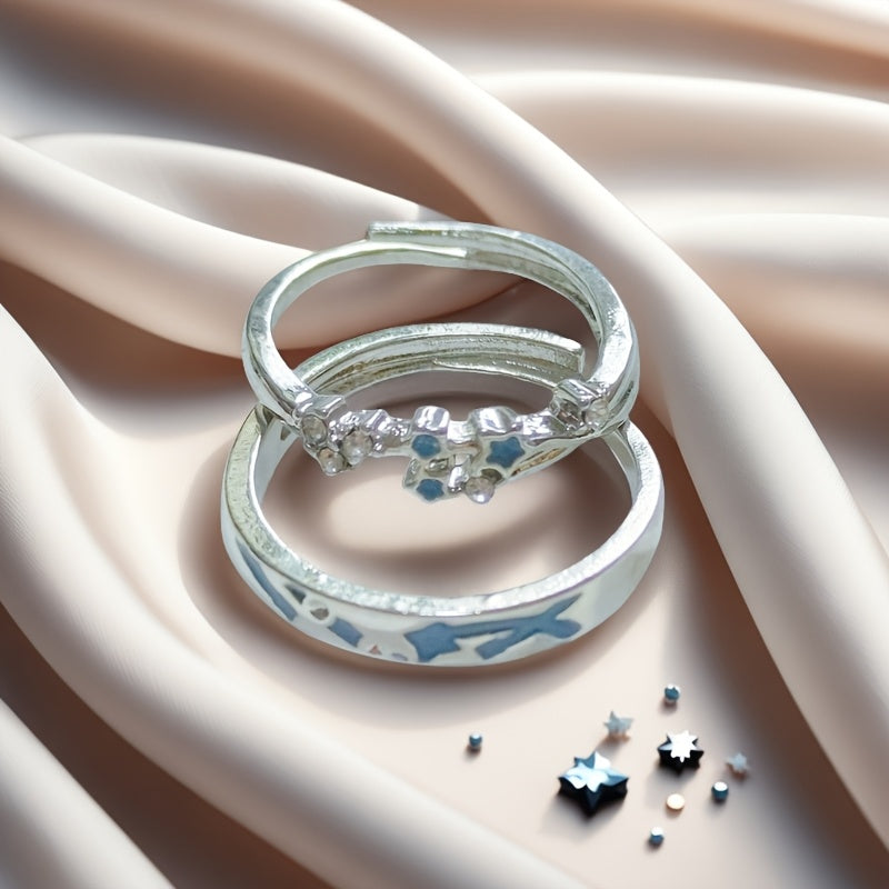 2pcs Couple Rings, Starry Night Luminous Pair Ring, Unique Design Premium Style Versatile Elegance Delicate Minimalist Chic Shiny Engagement Ring
