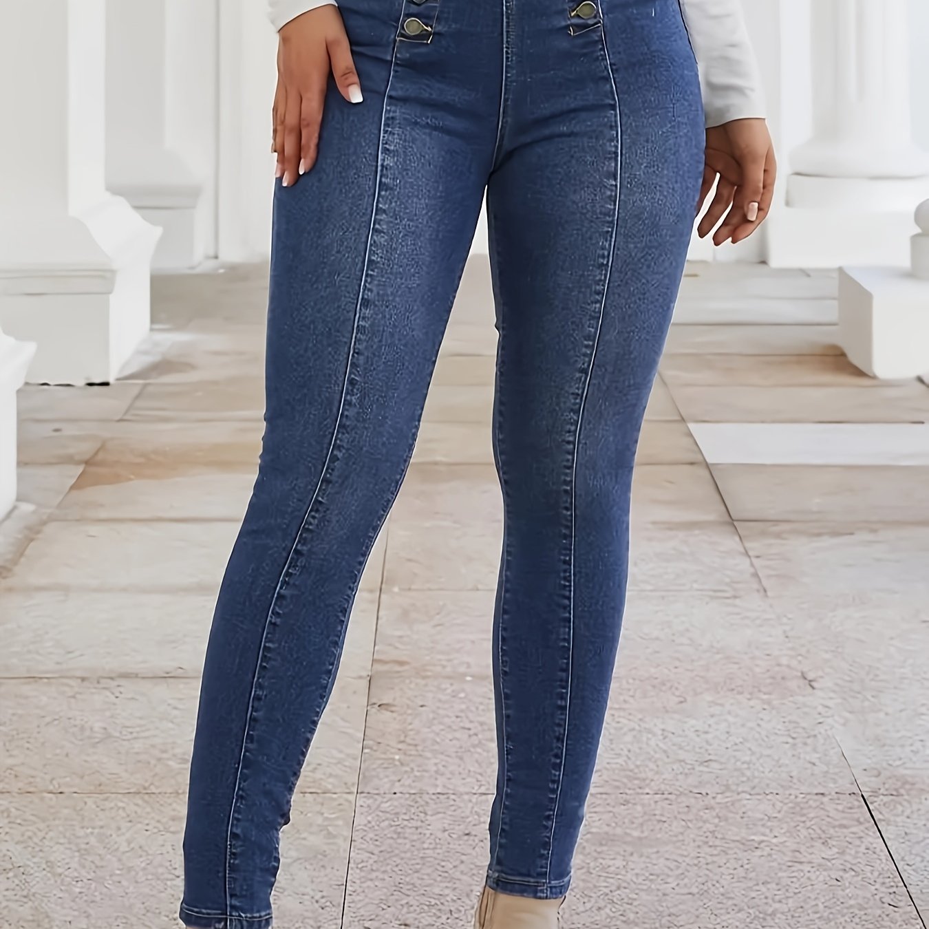 Jean skinny à boutons et plis piqués, pantalon en denim stretch moyen croisé style vintage, jean et vêtements en denim pour femme, idéal pour l'automne