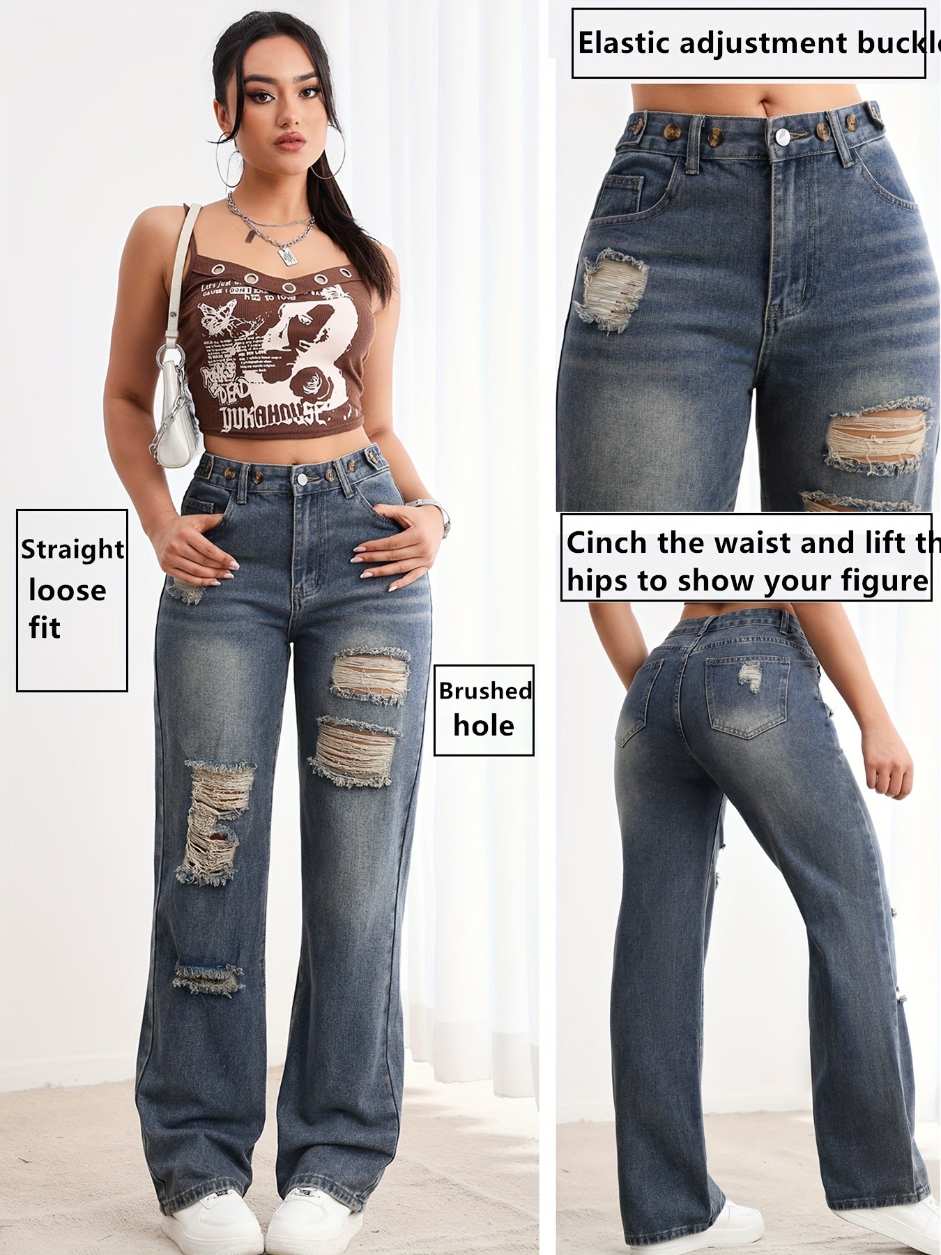 Jeans pour femmes, élégants, de style européen et américain, nouveau design, taille ajustable, effet usé, jambes droites et jambes larges.