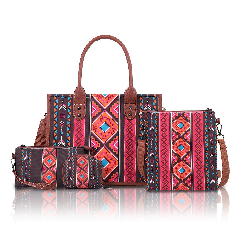Set de 4 Sacs Cabas Boho Chic – Bandoulière Ajustable, Grande Capacité, Style Ethnique Vintage, Polyester Imprimé Aléatoire, Idéal Vacances et Cadeaux