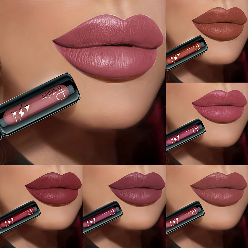6pcs/set Pudaier Matte Velvet Lip Gloss - Highly Saturated Liquid Lip Mud, Non-Stick Long-Lasting Formula, 6-Shade Mixed Palette with Deep Berry Tones, All Light Beige Tones Compatible.