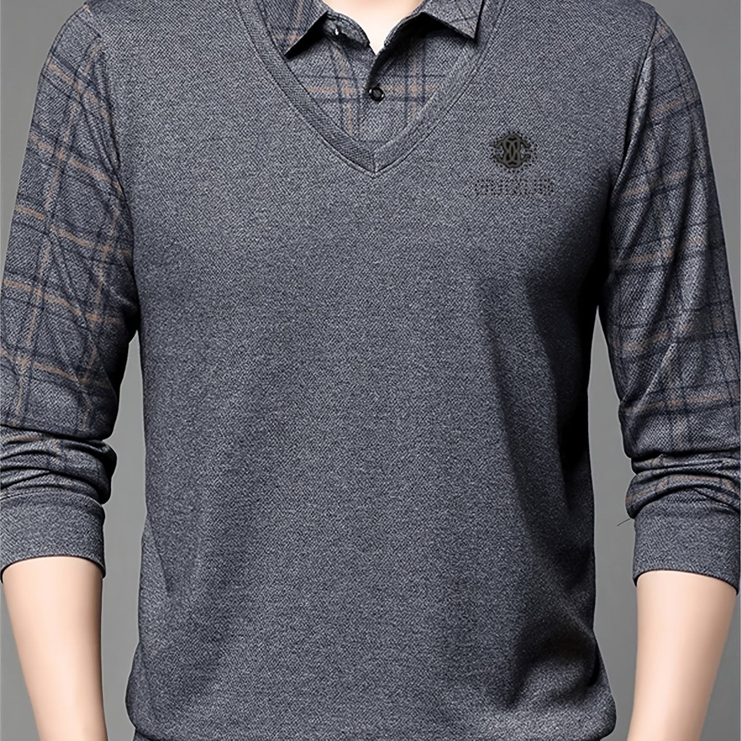 New Men'S Long-Sleeve Faux Two-Piece Polo Shirt for Spring And Autumn, Featuring a Checkered Inner Layer, Perfect for Casual Daily Wear And Light Business Attire During The Spring And Autumn Seasons, a Great Gift for Men.