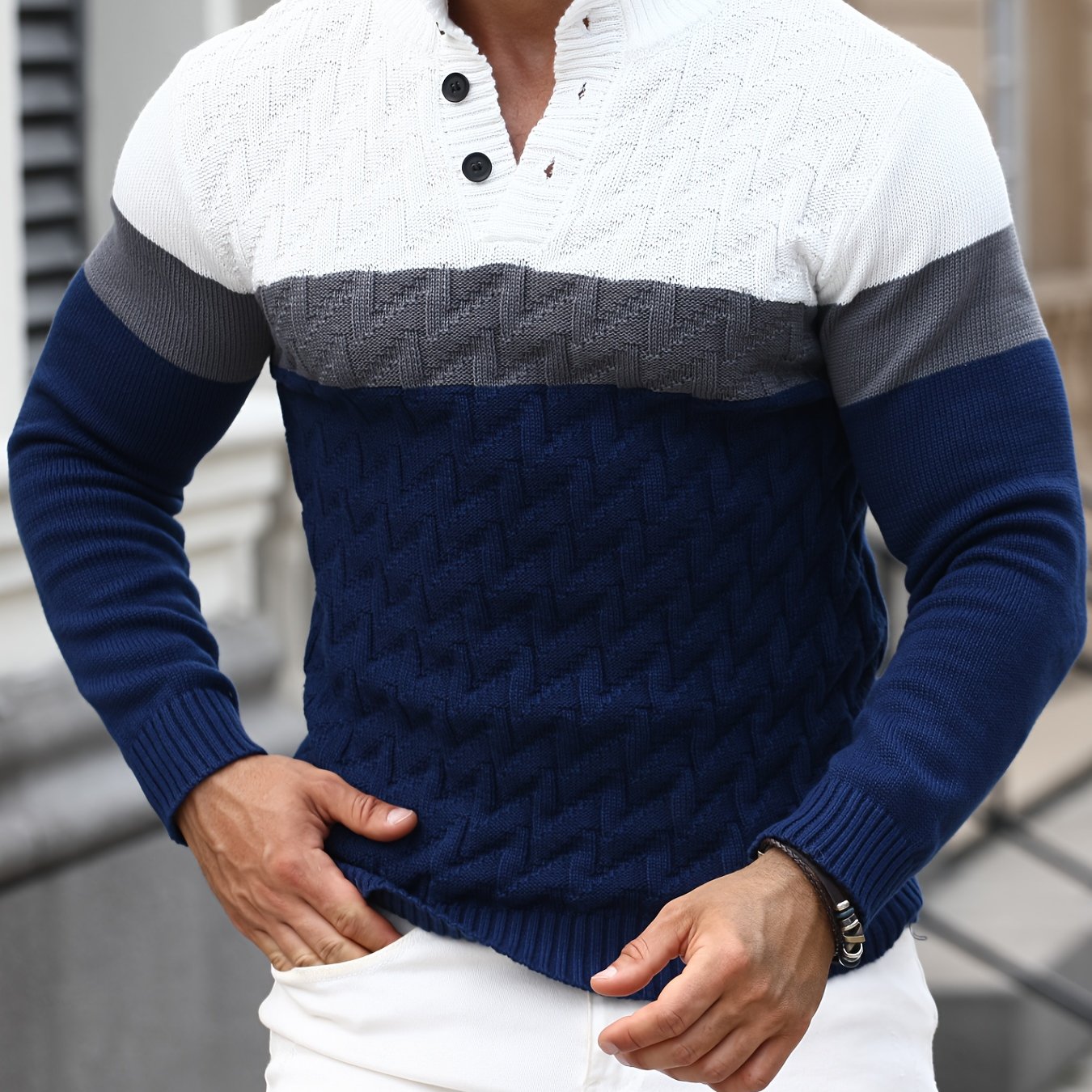 Men'S Casual Stand Collar Pullover Sweater - Stylish Quarter Button Geometric Knit Design, Long Sleeve, Regular Fit for Fall/Winter