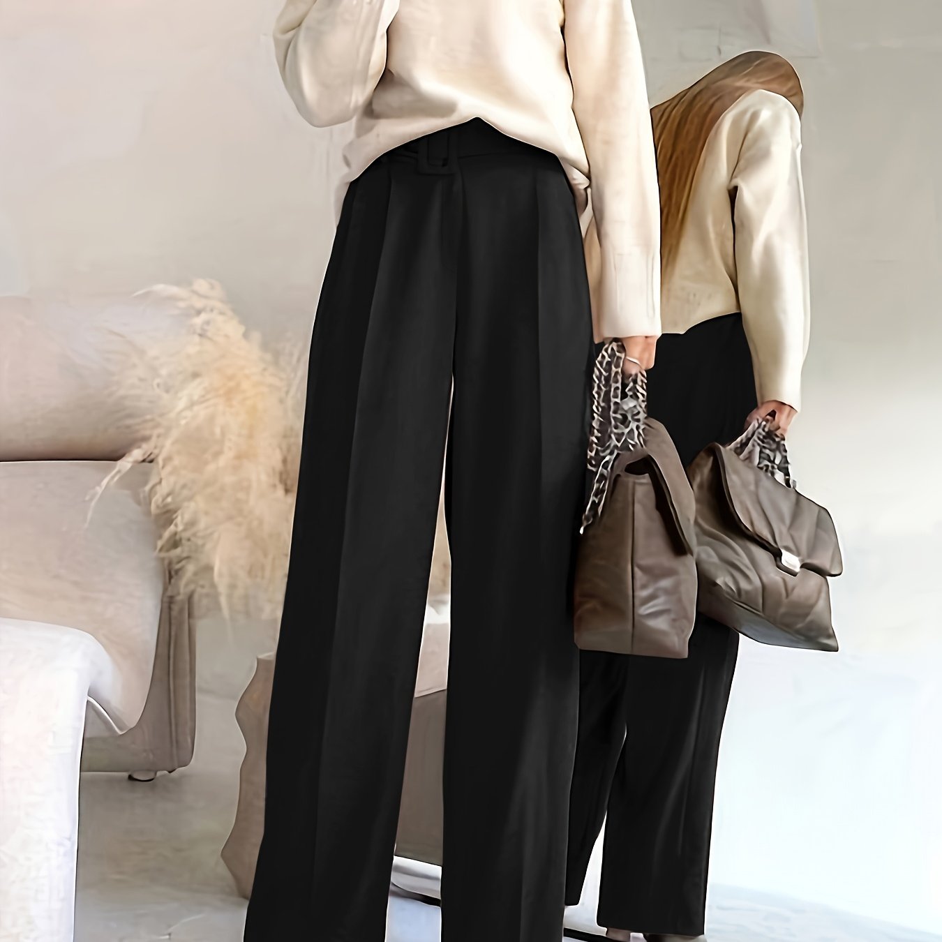 Pantalon Femme Élégant Jambe Droite – Polyester, Ceinturé, Couleur Unie, Confortable, Bureau et Décontracté, Printemps/Automne