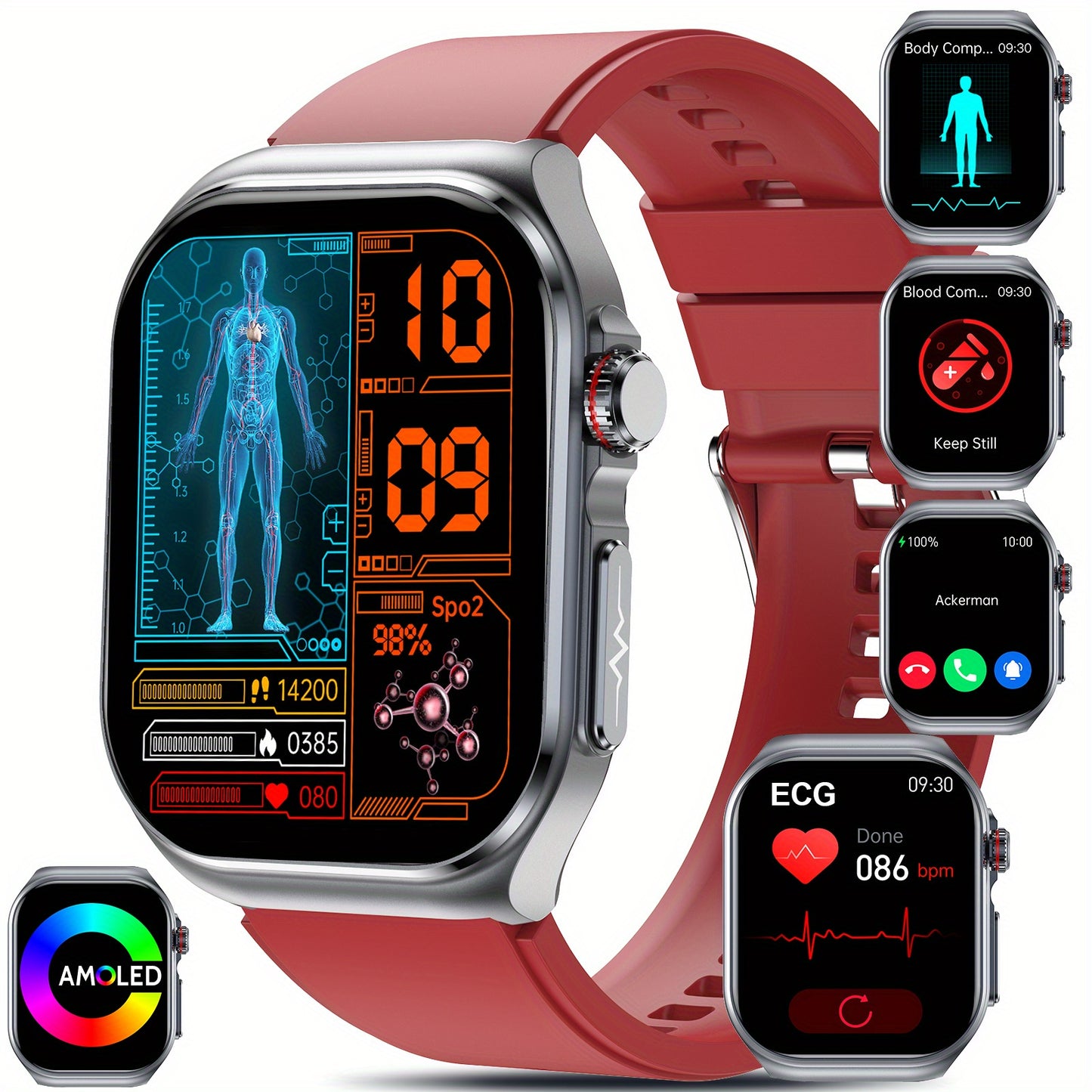 Nouvelle montre connectée 2025 : grand écran AMOLED de 5,18 cm, batterie longue durée 530 mAh, appels Bluetooth 5.3, modes multisports, assistant vocal, SOS, suivi menstruel, prévisions météo, montre de suivi fitness compatible Android et iOS