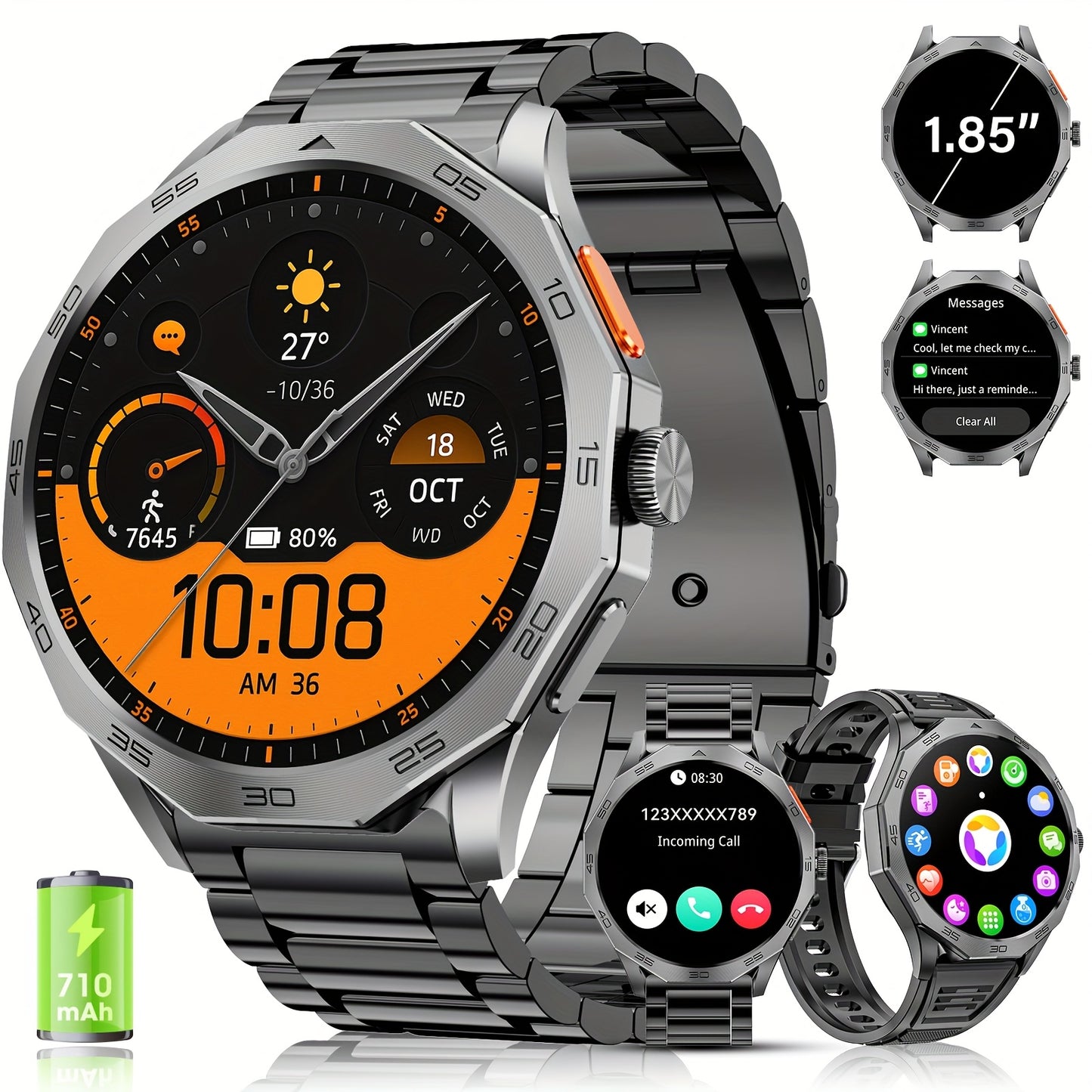 Montre Connectée Homme & Femme – Écran Tactile HD 1,75", Appels (Répondre/Appeler), Modes Sport, Multi-Cadrans, Compatible iPhone & Android, Suivi Santé, Assistant Sport, Design Élégant