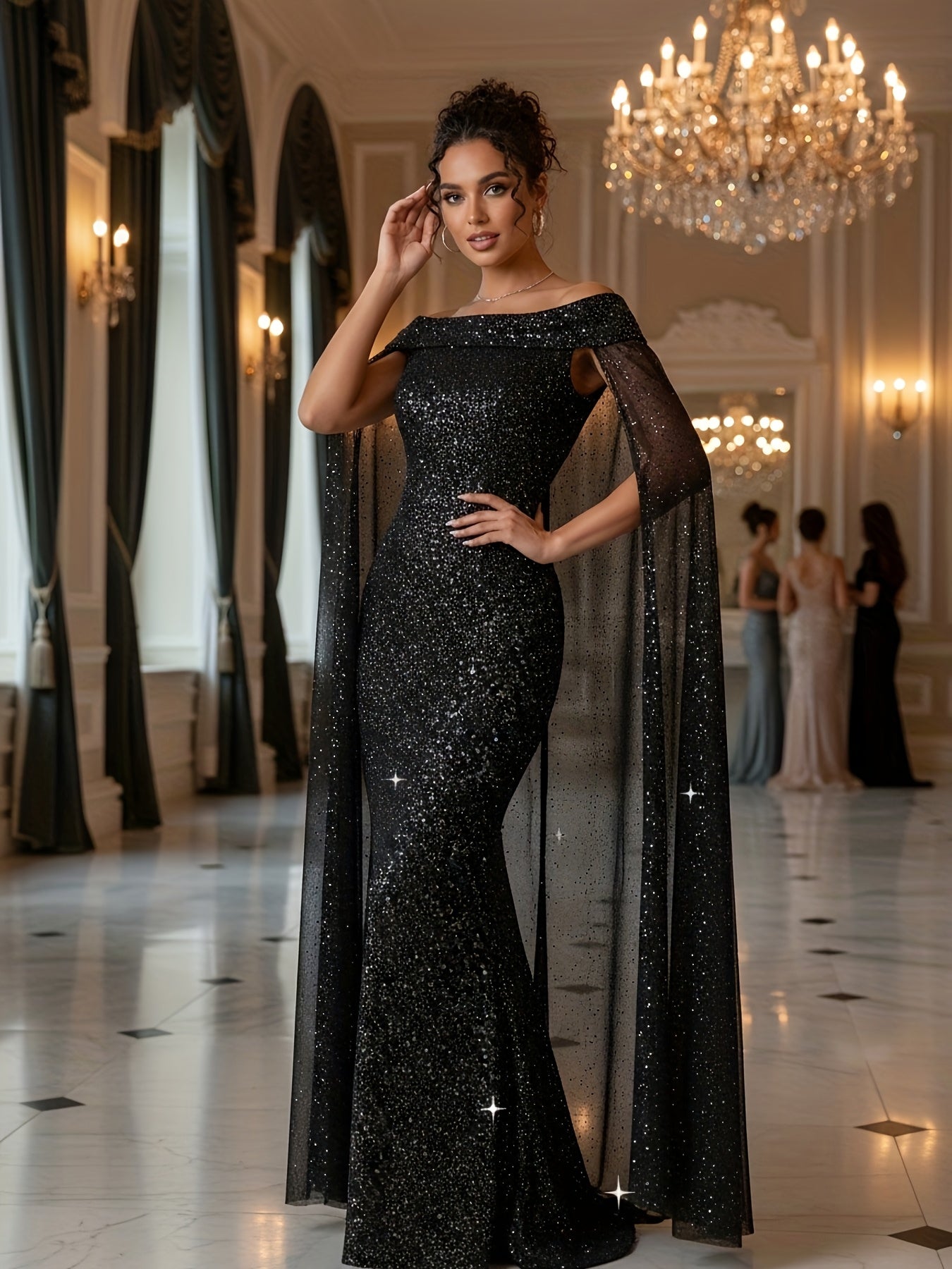 Elegant Off-Shoulder Silver Cape Evening Gown for Women, Long Dress for Autumn (Non-Sequined)