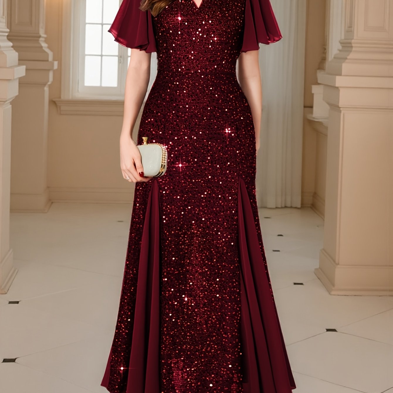 Women'S Elegant Sequin Lace Evening Maxi Dress with Sweetheart Neckline & Ruffle Sleeves - Floor-Length Formal Party Wedding Guest Dress in Navy Red/, All-Season Luxury Bridesmaid Gown for Galas & Special Occasions, Wedding D