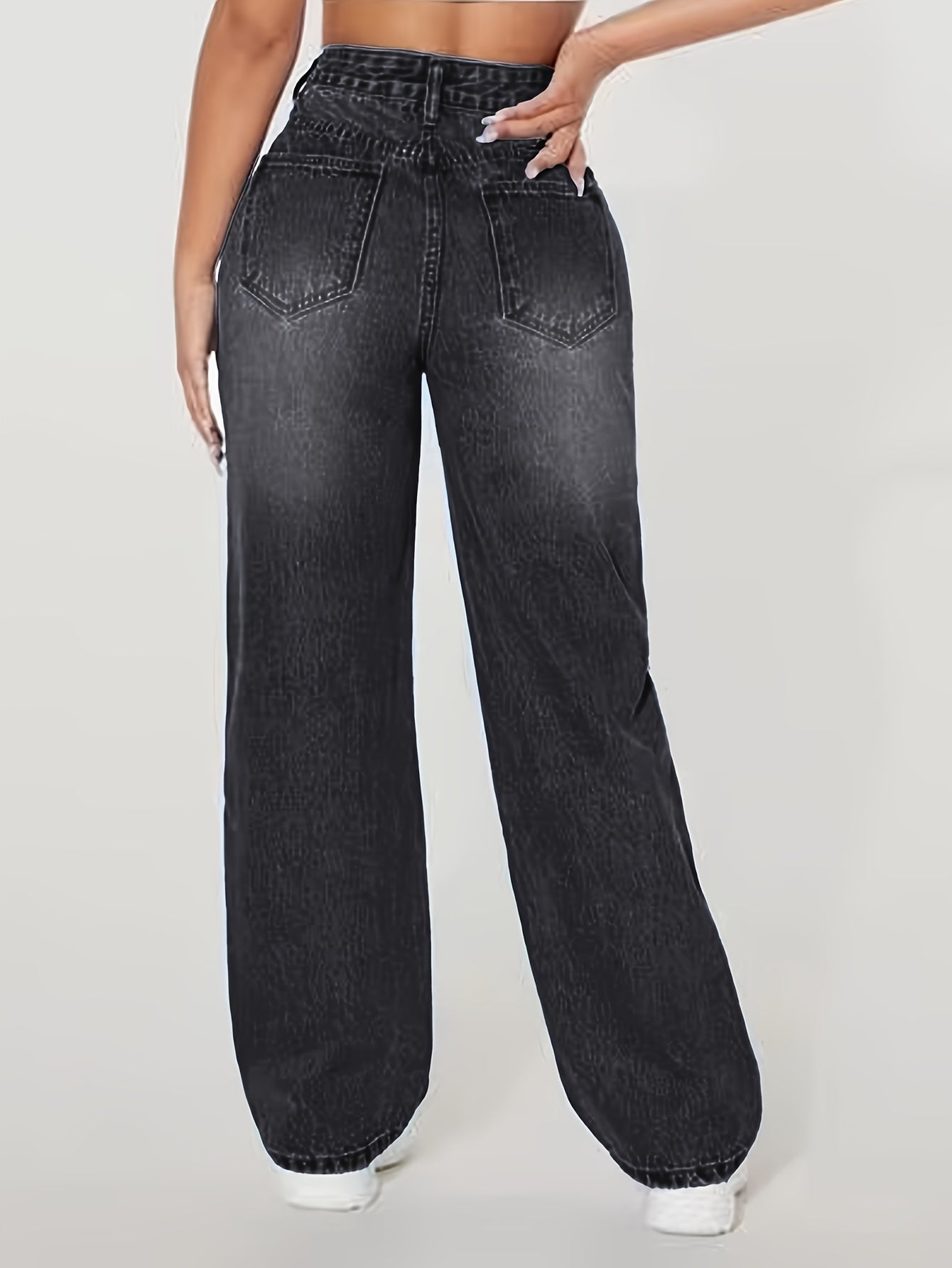 Jeans Femme Taille Haute Jambe Droite Effet Déchiré Extensible Confort Bleu Foncé Décontracté Lavable