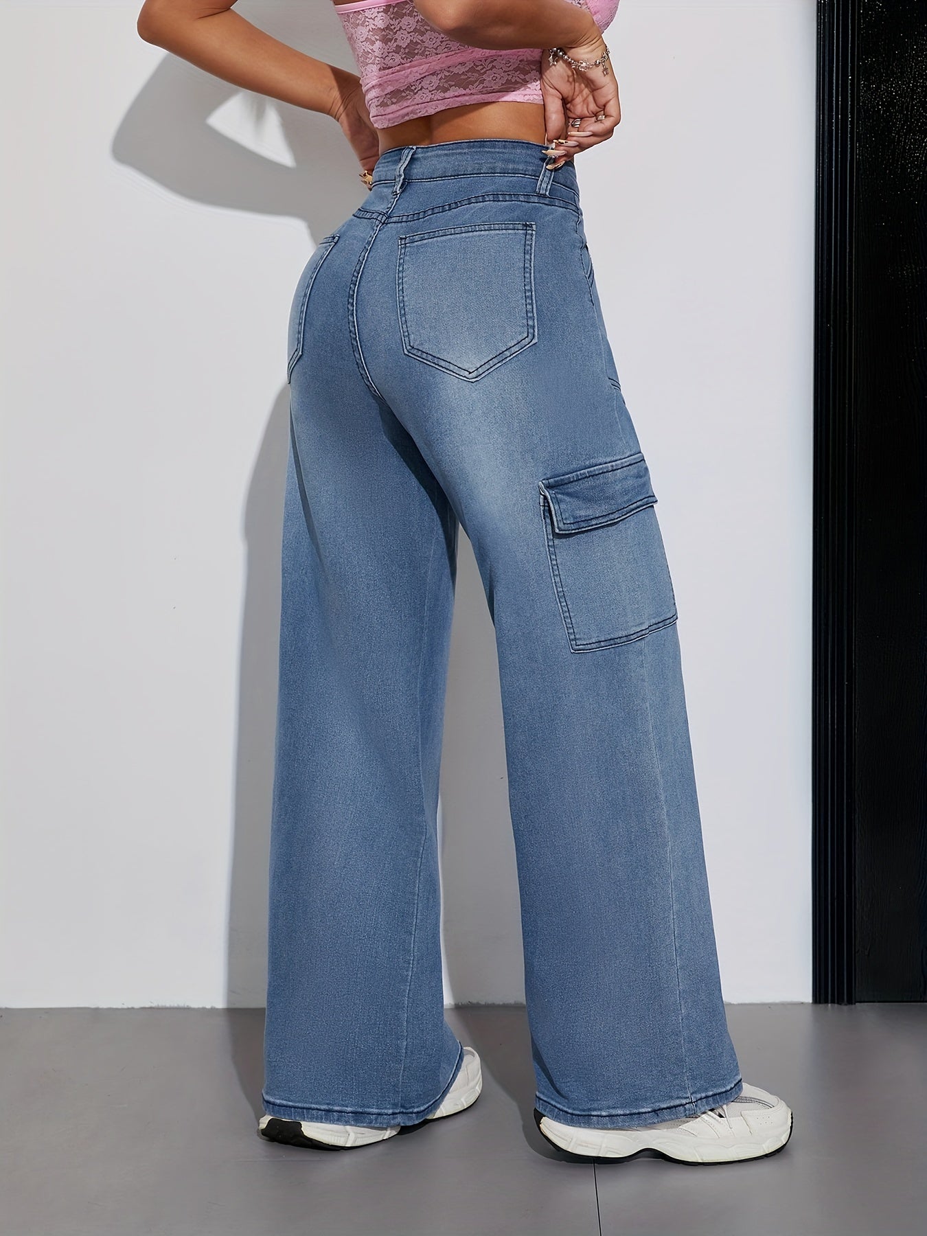 Jeans Cargo Femme Extensible Taille Mi-Haute Couleur Unie Boutons Lavable