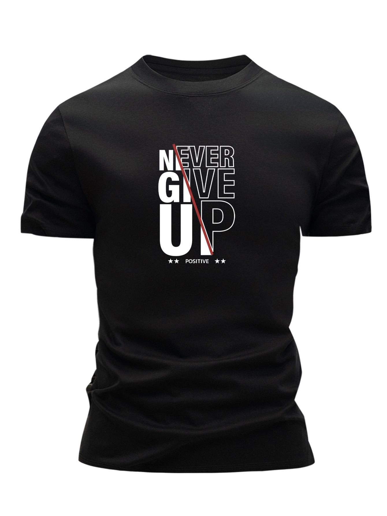 3pcs Men's 100% Slim Fit T-Shirts - Never Give Up Motivational Lettering Print, Breathable Summer Tees with Bold White & Black Lettering, Gym & Everyday Casual Wear, White/Gray/Black with Red Accent - Motivational Apparel for