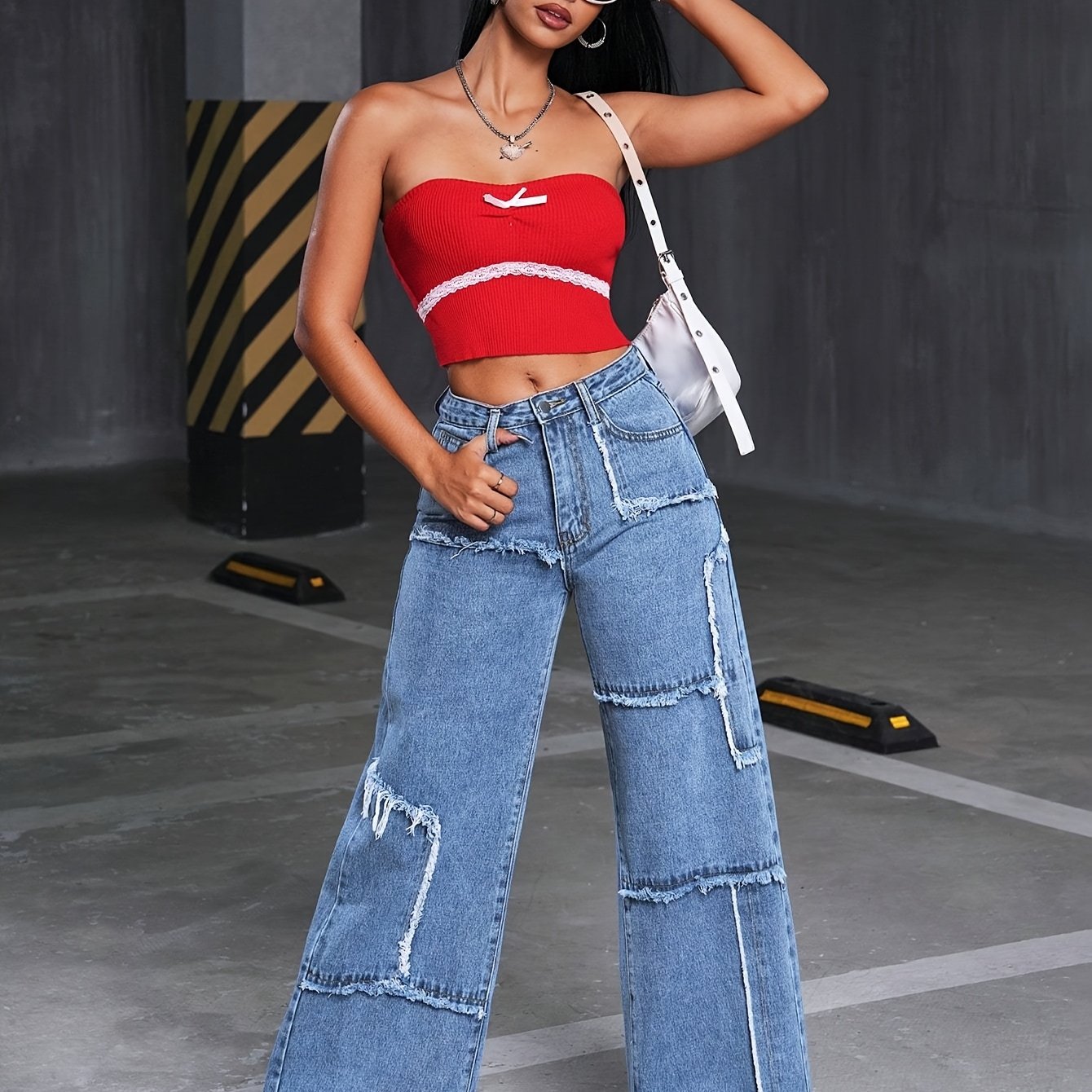 Pantalon Femme Taille Mi-Haute Denim Extensible Jambe Large Effet Déchiré Asymétrique Détail Franges Genou Confort Toute Saison Décontracté Streetwear