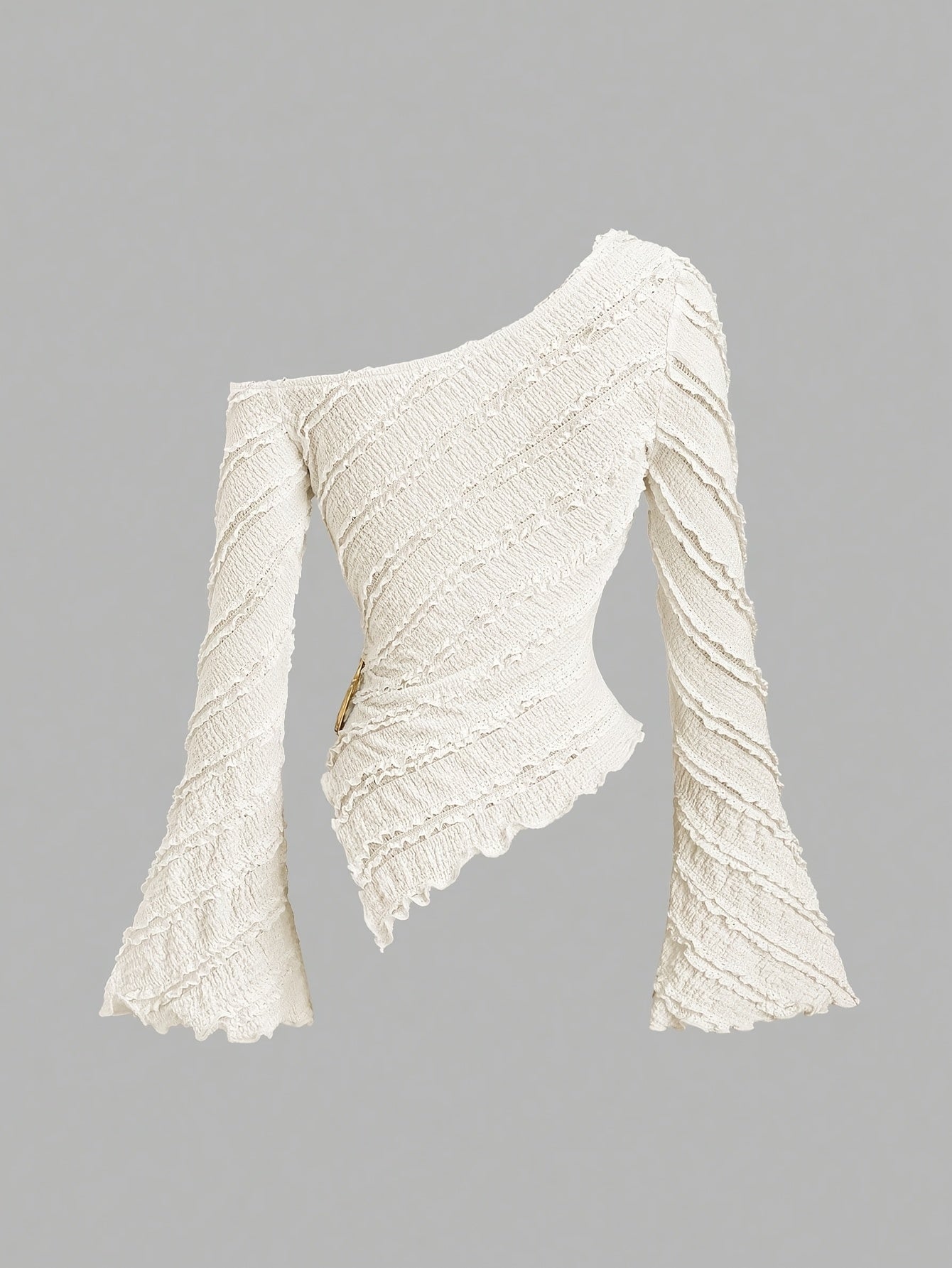 Blouse asymétrique manches cloche pour femmes – col avec boutons métal, semi-transparente, anti-froissement, adaptée toutes saisons, tenue professionnelle décontractée à formelle