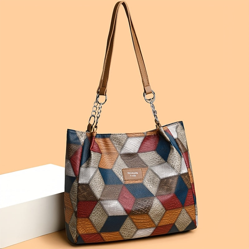 Grand sac fourre-tout pour femmes – motif géométrique à carreaux, multicolore, fermeture zippée, bandoulière fixe, parfait voyage et usage quotidien