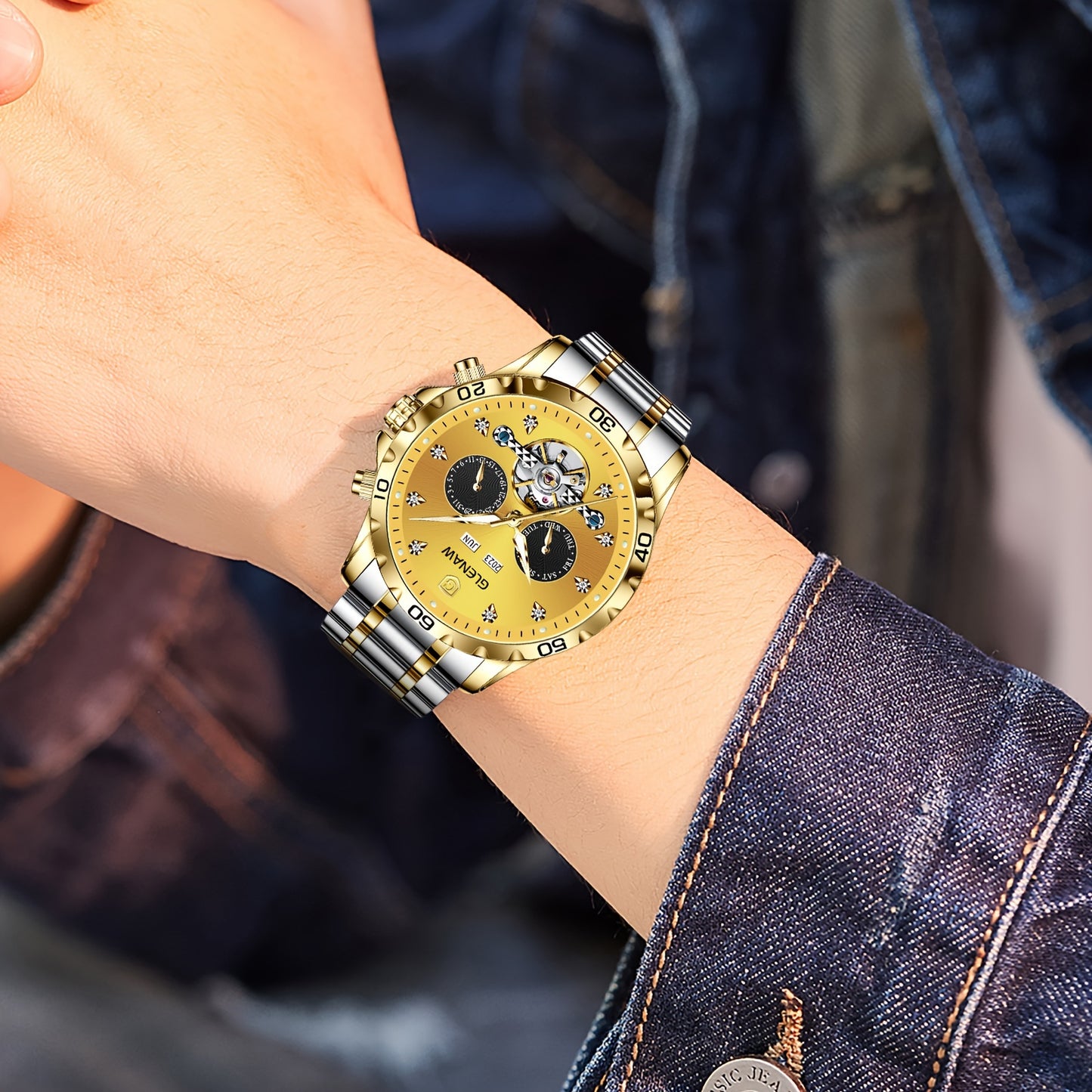 Montre automatique pour homme, bracelet en acier inoxydable avec strass, montre mécanique squelette à remontage automatique avec affichage du jour, de la date, du mois et de l’année – Cadeau idéal pour homme