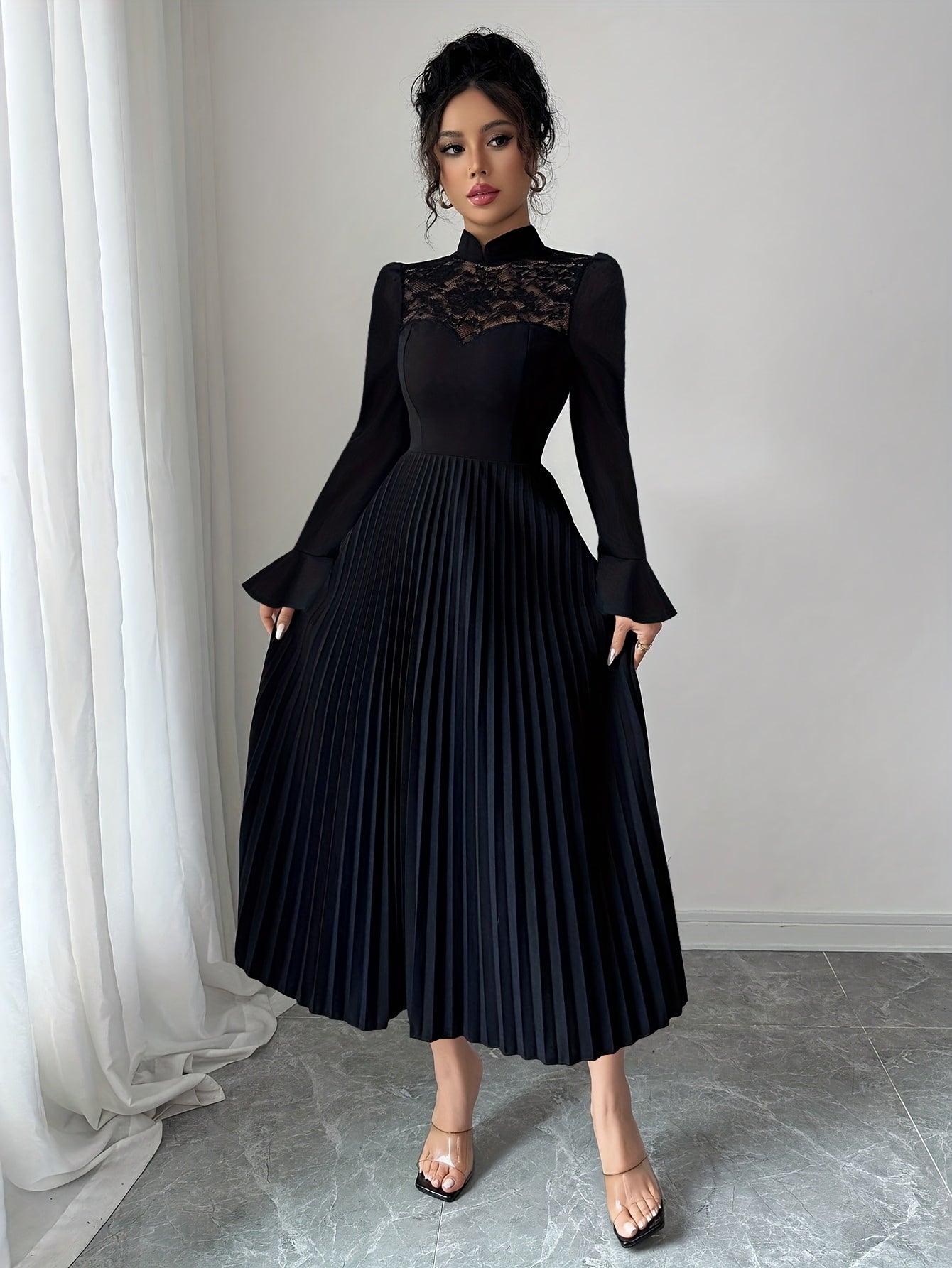 Robe Longue Élégante Femme – Silhouette A-Ligne, Col Montant, Coupe Flatteuse, Idéale Automne/Hiver, Bureau, Soirées et Mariages, Style Sophistiqué et Raffiné