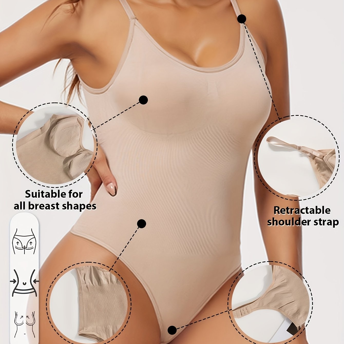 Body sculptant femme sans couture avec string intégré, ouverture à l’entrejambe et bretelles réglables, maintien moyen, sans coques poitrine