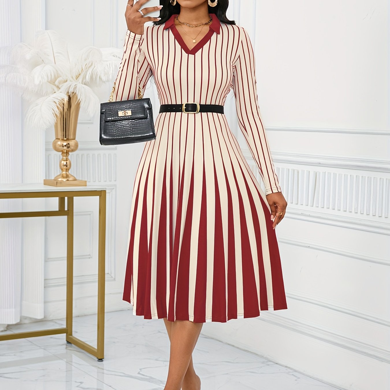 Elegant V-Neck Long Sleeve Geometric Stripe A-Line Dress - Black and White, Perfect for Spring/Fall Parties and Events, Party Dress|Striped Pattern|Vneckline