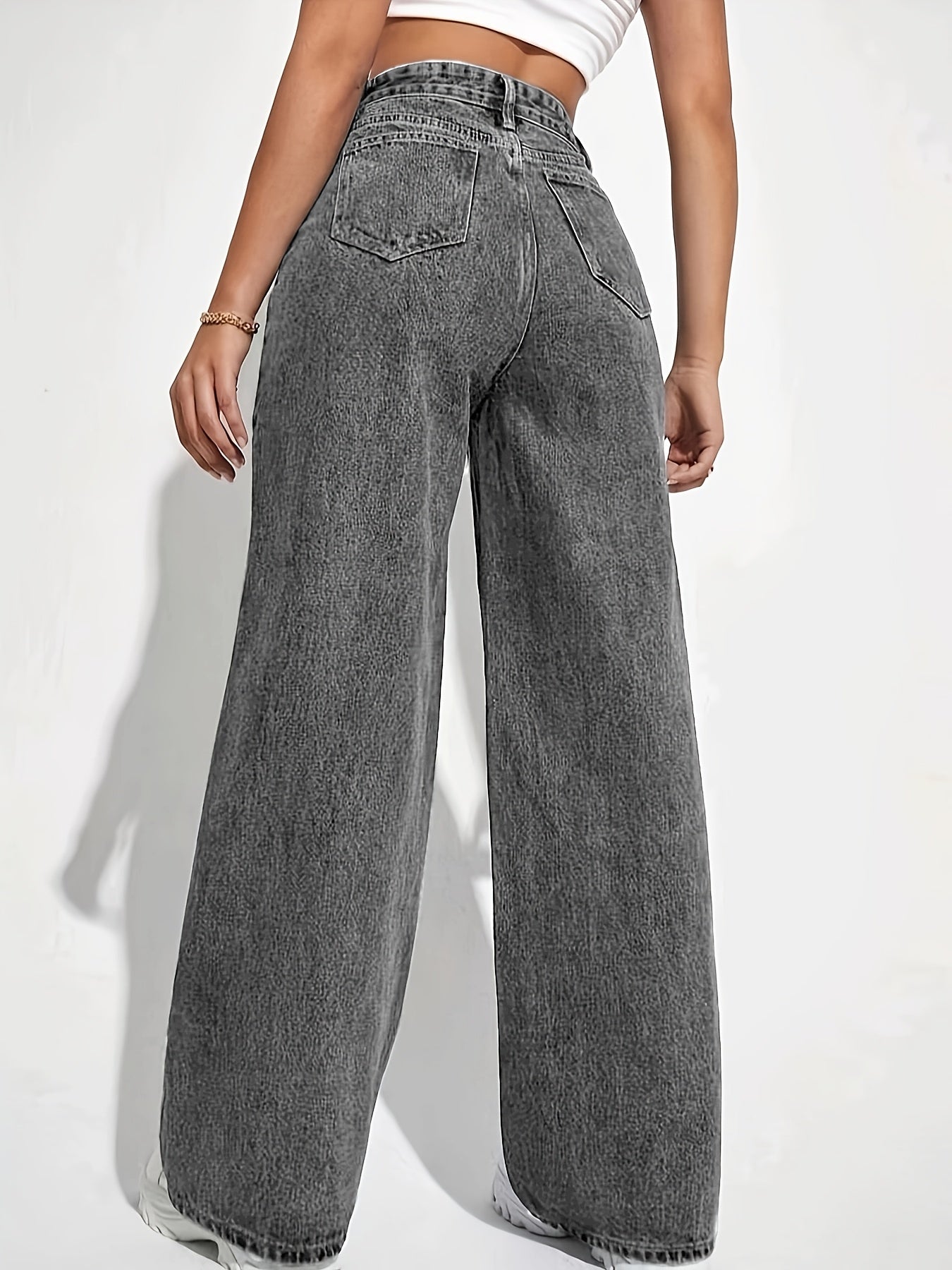 Jeans Femme Taille Haute Jambe Droite Extensible Denim Gris Effet Usé Boutons Confortable Toute Saison Durable