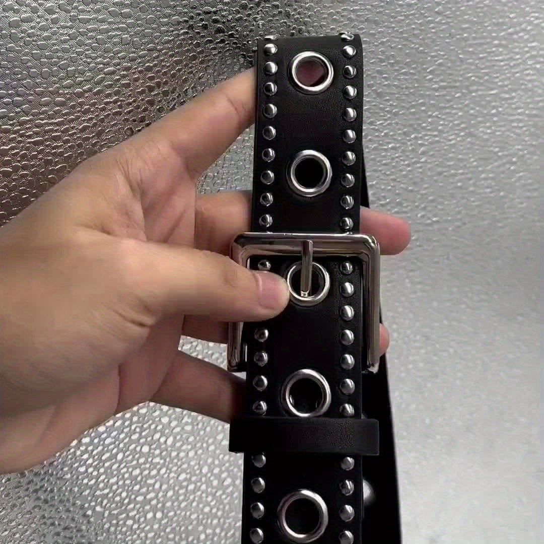Ceinture punk cloutée à œillets – Ceinture PU noire style hip-hop, tendance pour jeans et pantalons, pour femmes et hommes