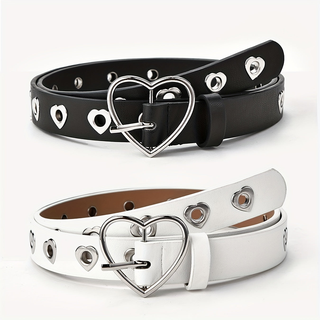 Ensemble de 2 ceintures décoratives créatives en PU pour femme avec boucle en forme de cœur, ceinture polyvalente et tendance avec boucle en forme de cœur couleur pêche et trou complet