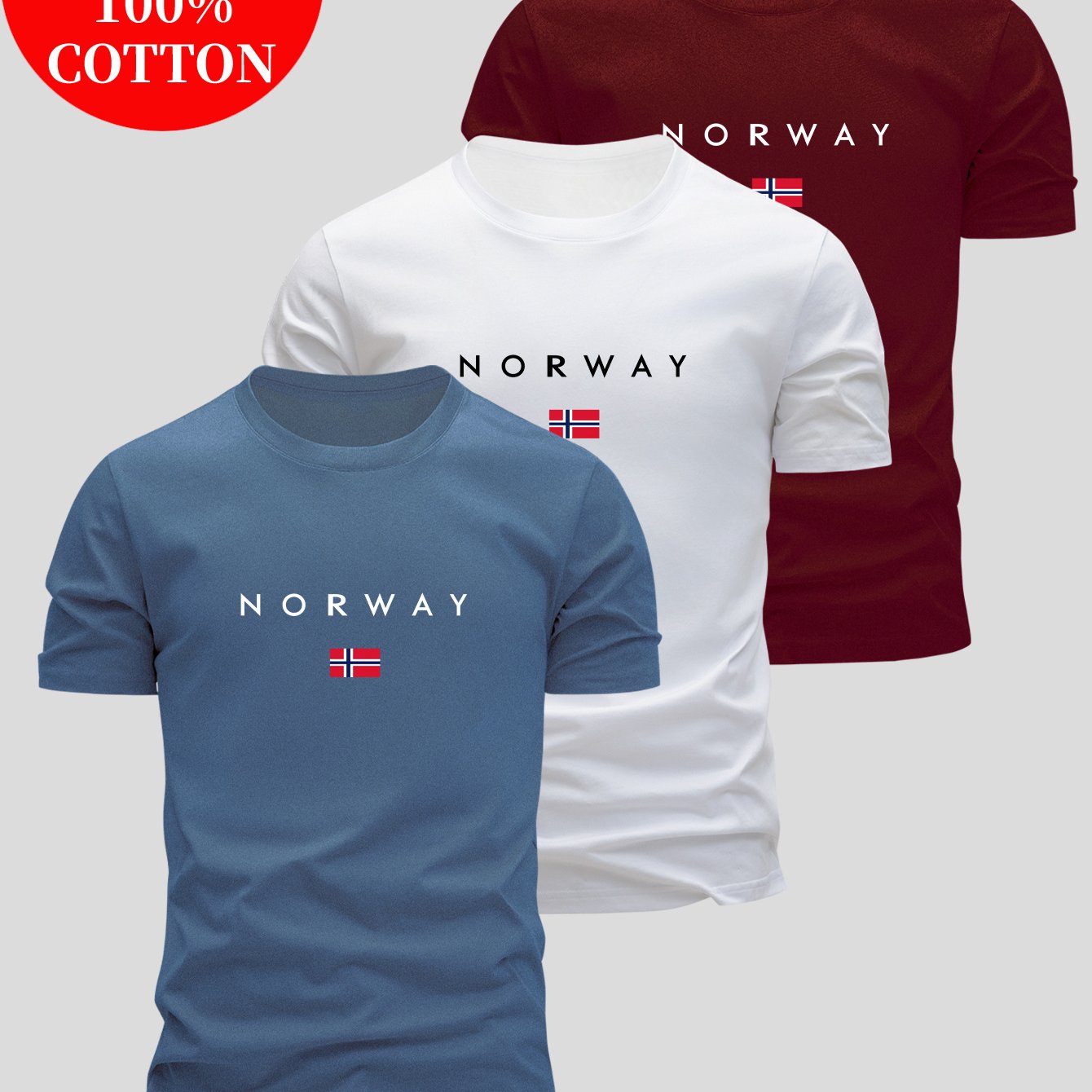 3pcs Men'S 100% Cotton T-Shirts - Breathable & Sweat-Wicking, Slim Fit Crew Neck Short Sleeve Tees with "NORWAY" Graphic Print, Casual Summer Tops in Black, White & Grey, Sweat-Resistant, Lightweight & Comfortable for Casual