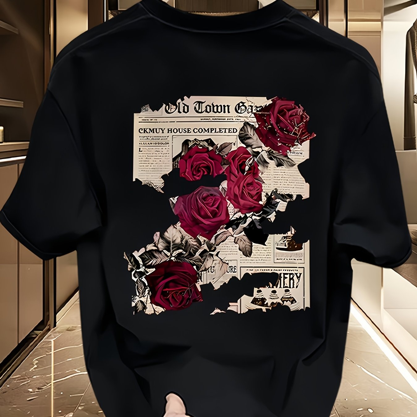 Men'S Heavyweight T-Shirt - Black Graphic Tee with Red Roses & Newspaper Print, Loose Fit Casual Shirt for Everyday & Formal Outfits - Breathable Summer Top for Teens & Adults - Everyday Essential Wardrobe Staple, Relaxed Out