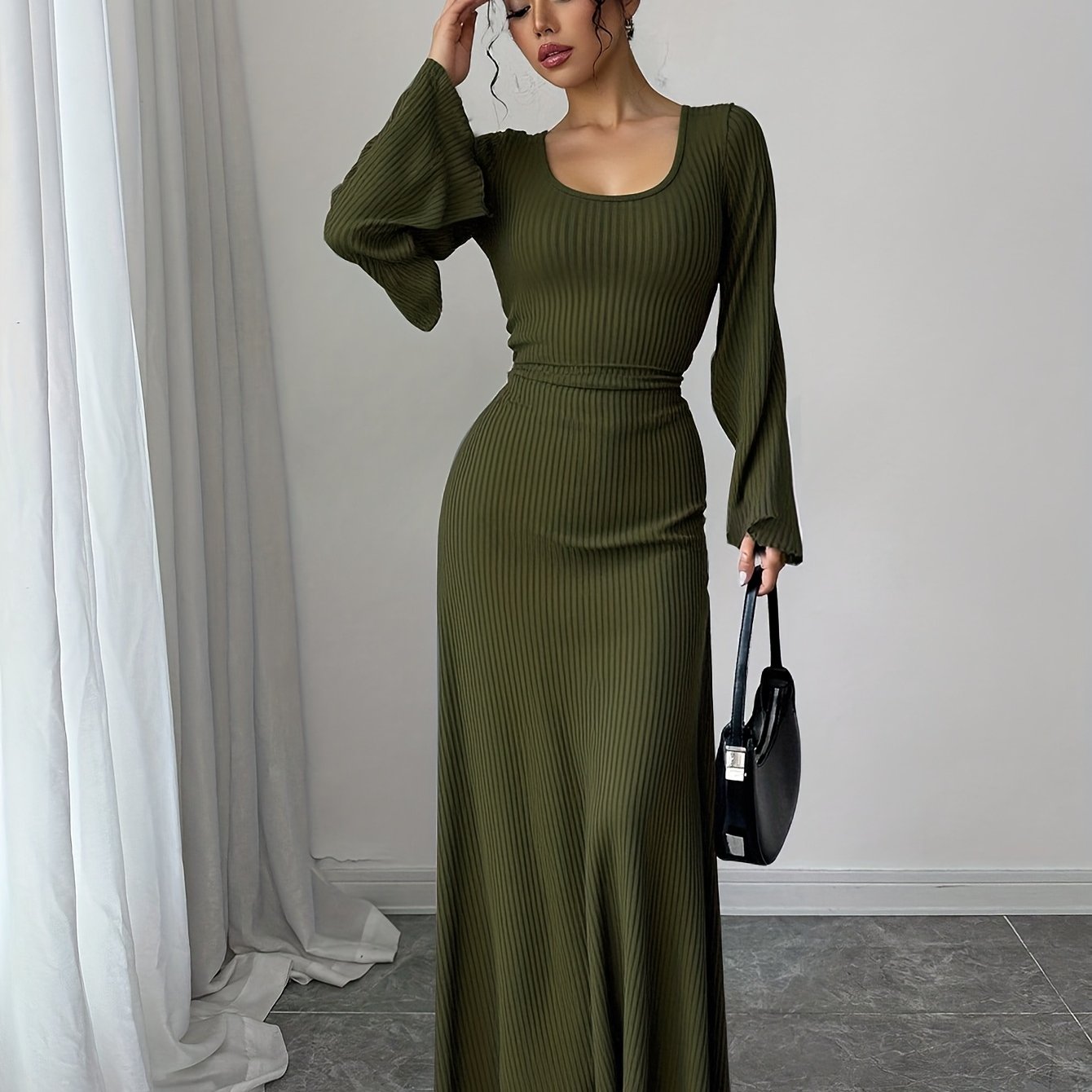 Robe Maxi Traditionnelle Femme Élégante – Couleur Unie, Manches Bouffantes, Nœud au Dos, Silhouette A-Ligne, Col Rond, Longue, Idéale Événements Formels