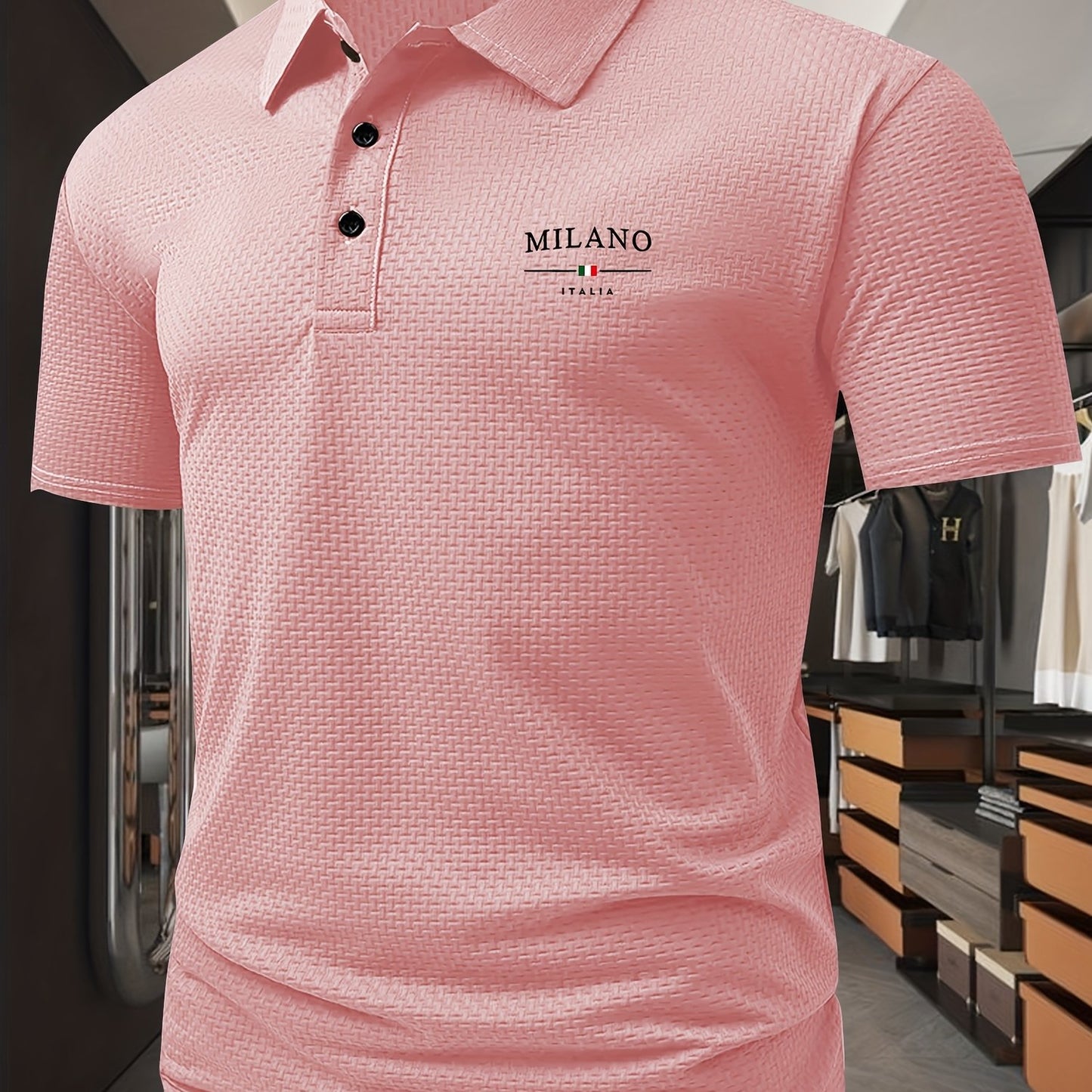 Milano Men'S Casual T-Shirt - Breathable Regular Fit Short Sleeve Shirt with Geometric Print, Button-Up Collar for Summer Comfort & Casual Attire, Comfortable Clothing, Easycare Material