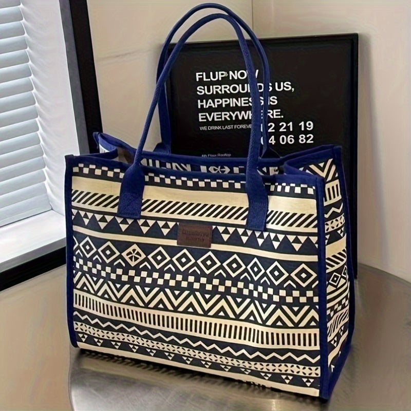 Sac Cabas en Toile Géométrique d’Inspiration Vintage pour Femmes – Grande Capacité, Portable avec Fermeture Éclair, Lavable à la Main, Design Stylé et Motifs, Sac Cabas Quotidien | Design Vintage | Fermeture Éclair, Sac Cabas