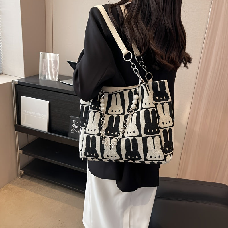 Sac Cabas Chic à Motif Lapin – Grande Capacité, Design Contrasté, Sac Décontracté à Porter à l’Épaule ou Sous le Bras, Fermeture Éclair