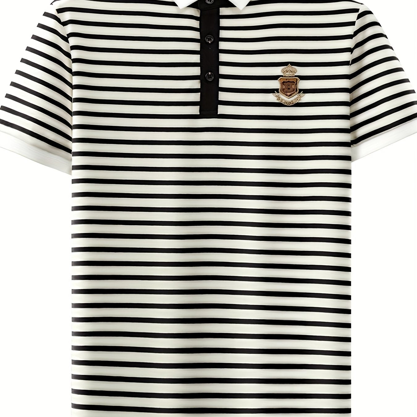 Men's Slim Fit Golf Shirt - Black & White Striped Breathable Short Sleeve with Logo, Button-Up Collar for Outdoor Sports & Casual Wear, Machine Washable