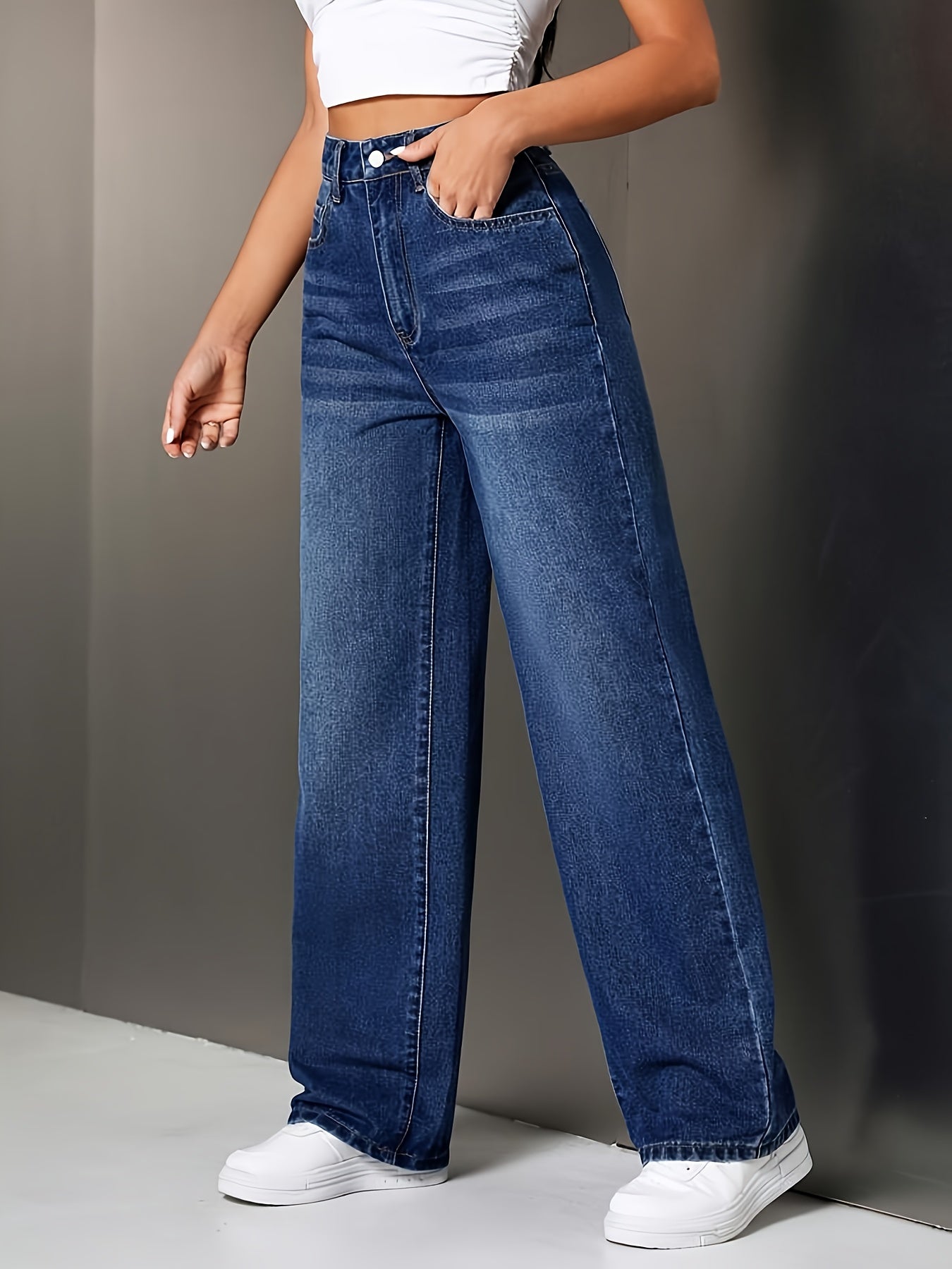 Pantalon Femme Taille Haute Jambe Large Extensible Sans Ceinture Taille Mi-Haute Jambe Droite Toute Saison Bleu Élégant